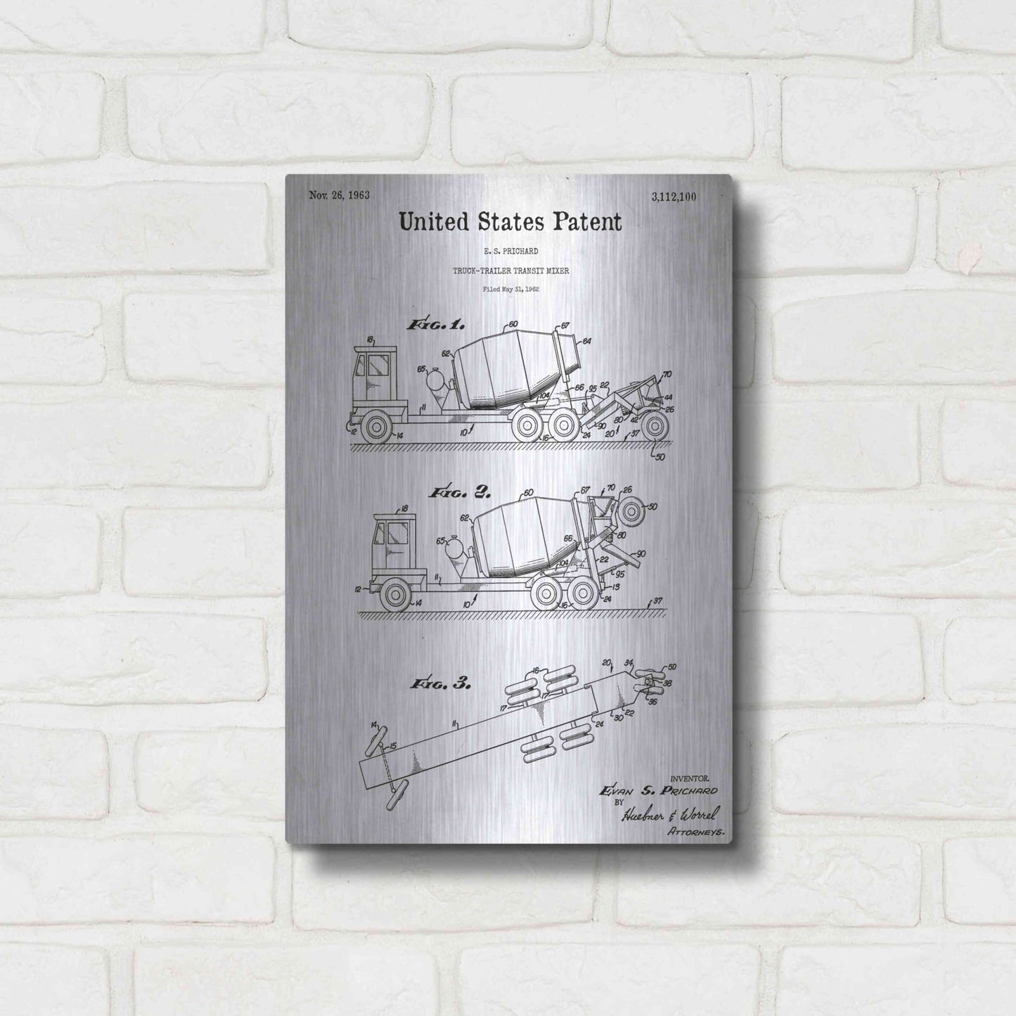 Luxe Metal Art 'Truck Trailer Transit Mixer Blueprint Patent White' Acrylic Glass Wall Art,12x16