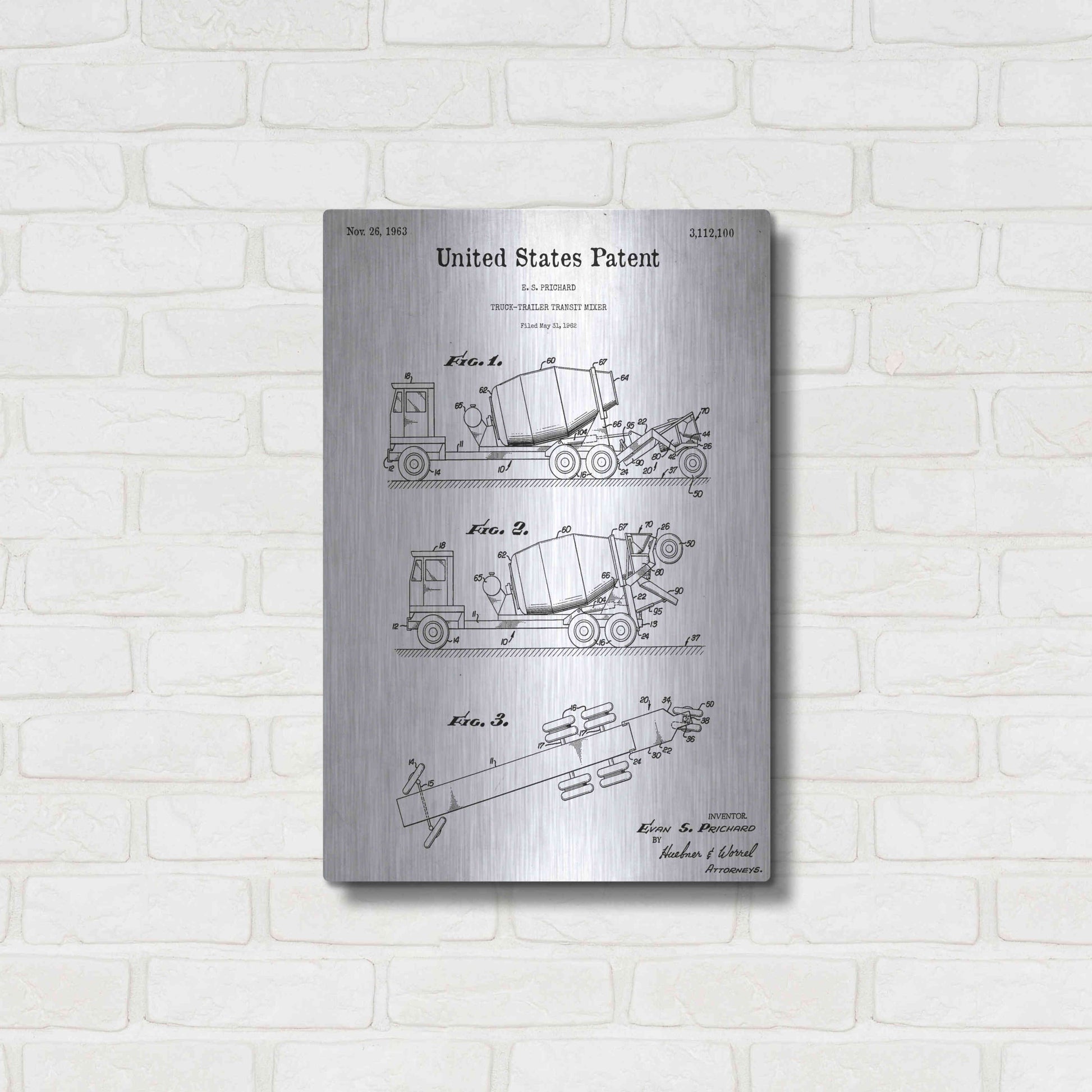 Luxe Metal Art 'Truck Trailer Transit Mixer Blueprint Patent White' Acrylic Glass Wall Art,16x24