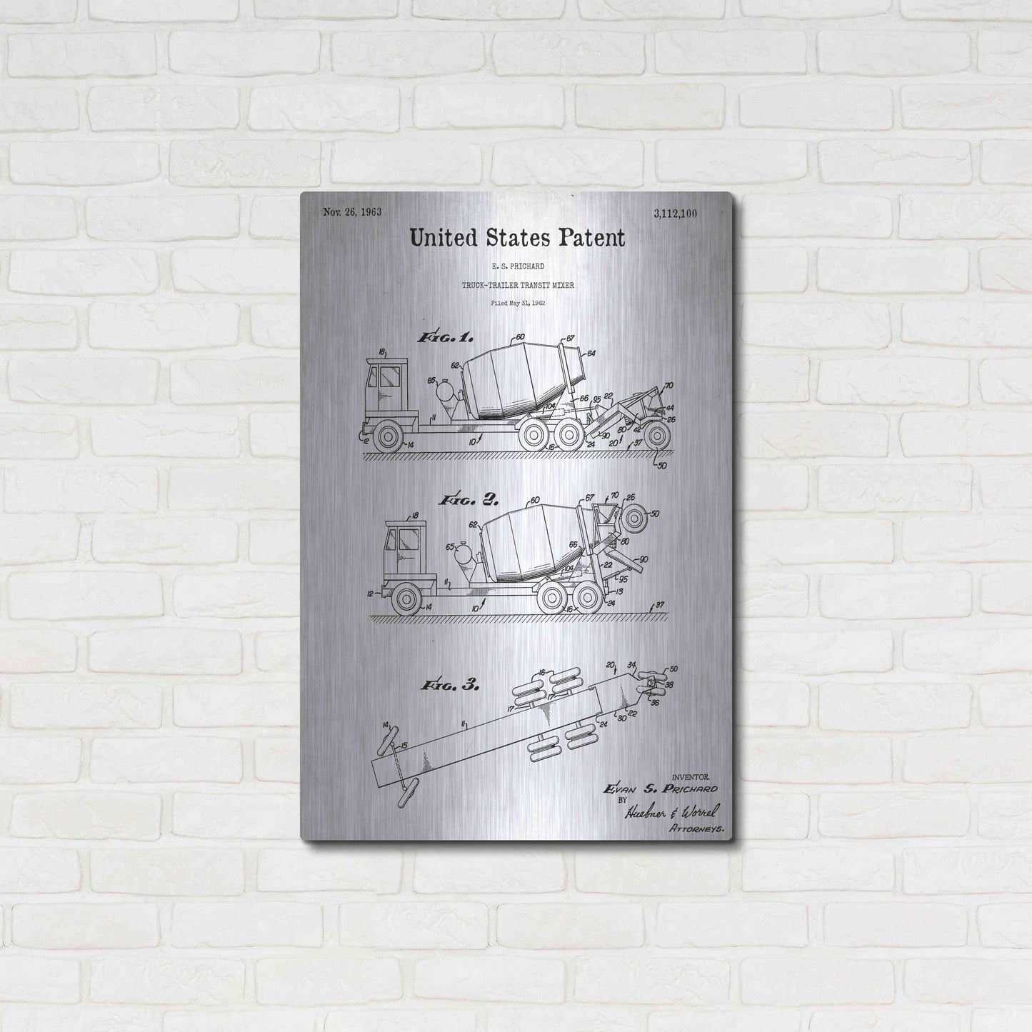 Luxe Metal Art 'Truck Trailer Transit Mixer Blueprint Patent White' Acrylic Glass Wall Art,24x36