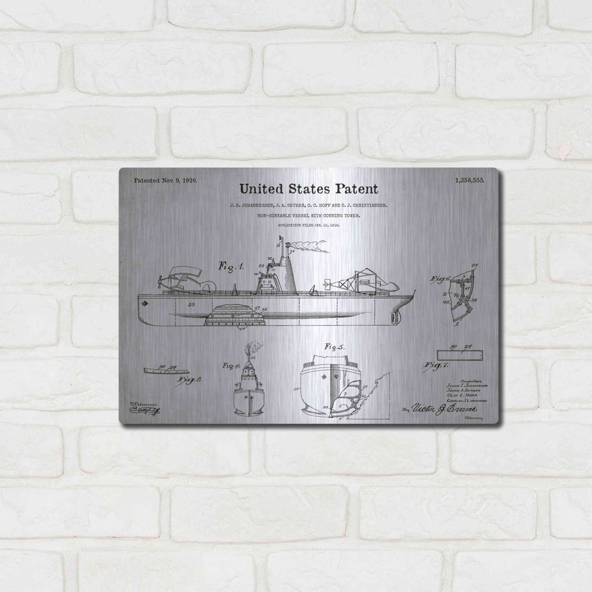 Luxe Metal Art 'Non-Sinkable Vessel Blueprint Patent White' Acrylic Glass Wall Art,16x12