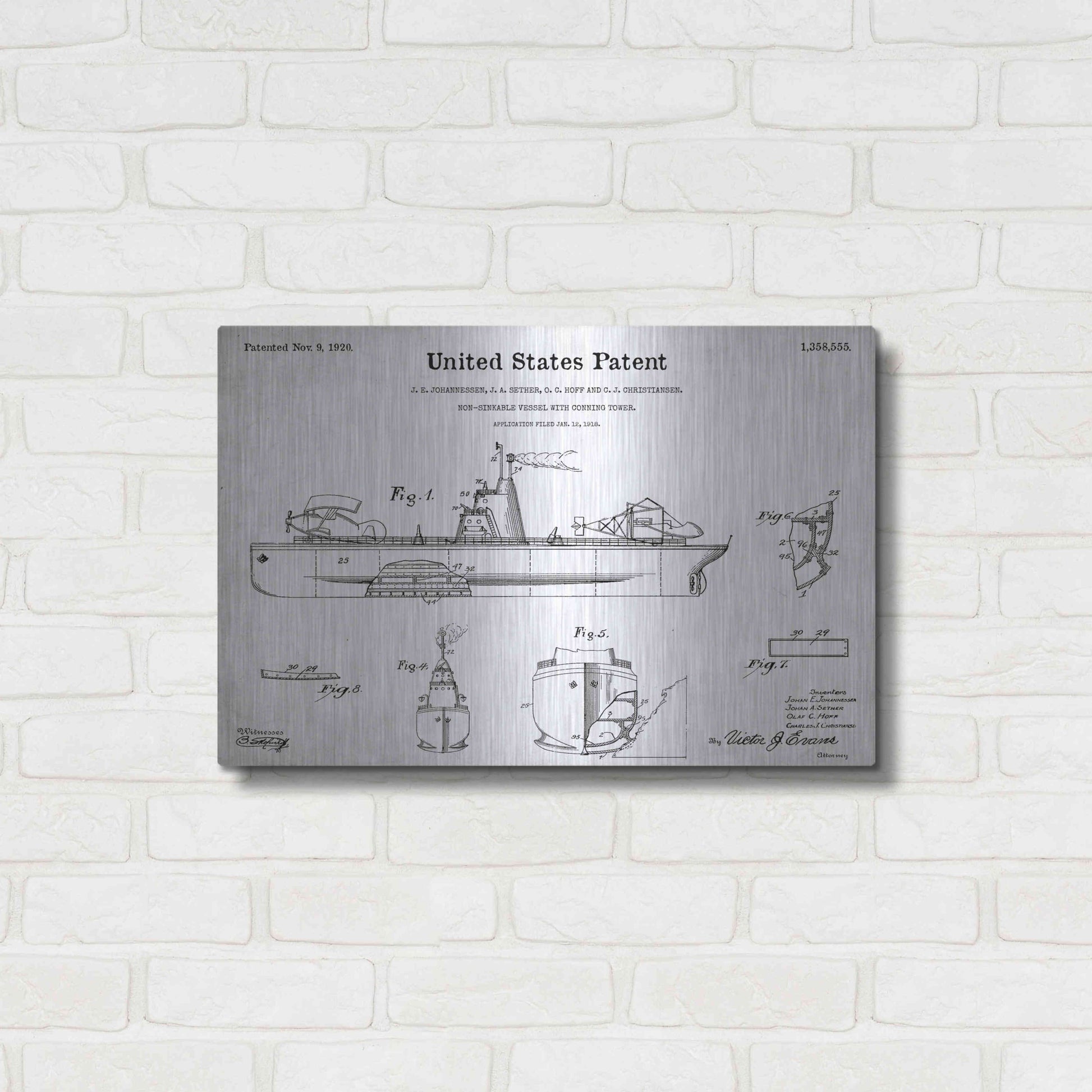 Luxe Metal Art 'Non-Sinkable Vessel Blueprint Patent White' Acrylic Glass Wall Art,24x16