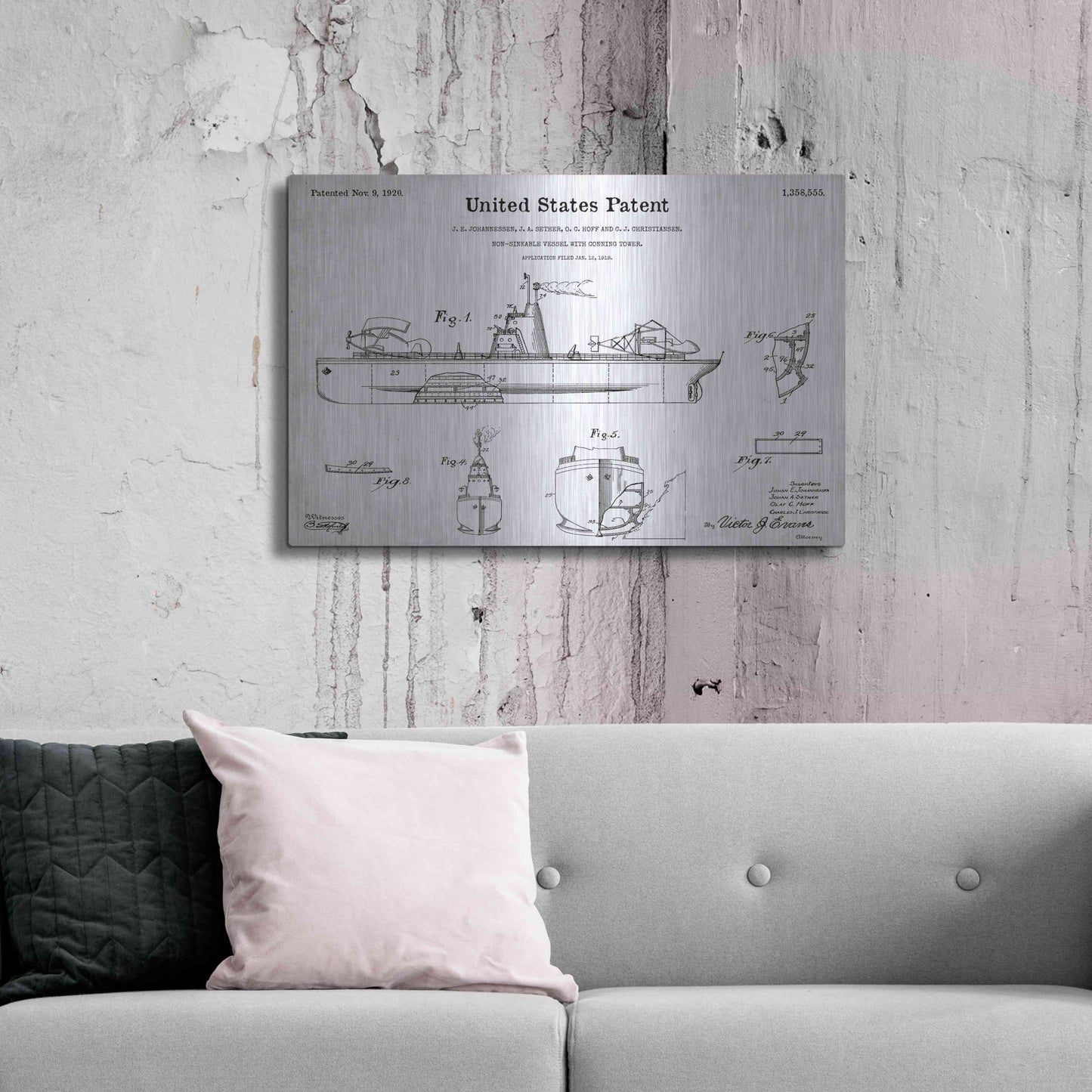 Luxe Metal Art 'Non-Sinkable Vessel Blueprint Patent White' Acrylic Glass Wall Art,36x24