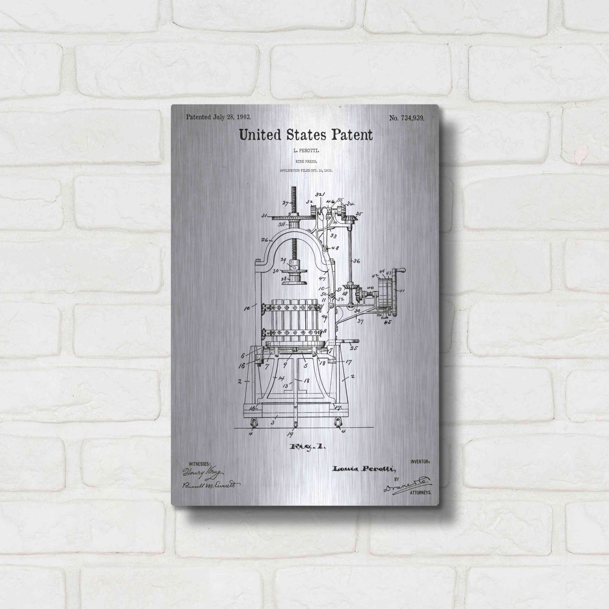 Luxe Metal Art 'Wine Press Blueprint Patent White' Acrylic Glass Wall Art,12x16