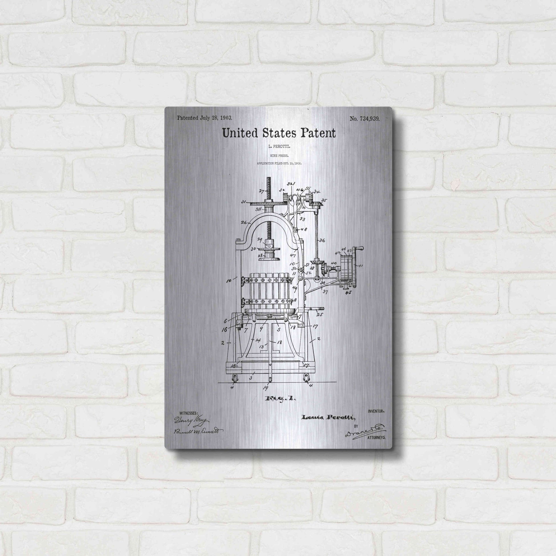 Luxe Metal Art 'Wine Press Blueprint Patent White' Acrylic Glass Wall Art,16x24