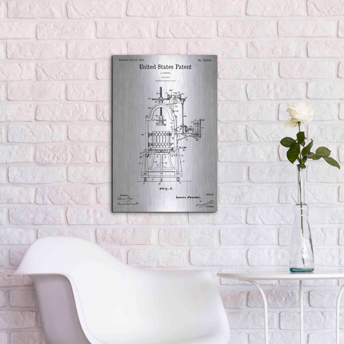 Luxe Metal Art 'Wine Press Blueprint Patent White' Acrylic Glass Wall Art,16x24