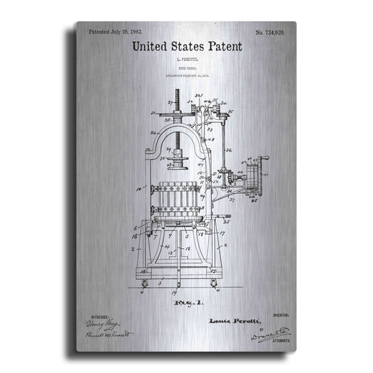 Luxe Metal Art 'Wine Press Blueprint Patent White' Acrylic Glass Wall Art