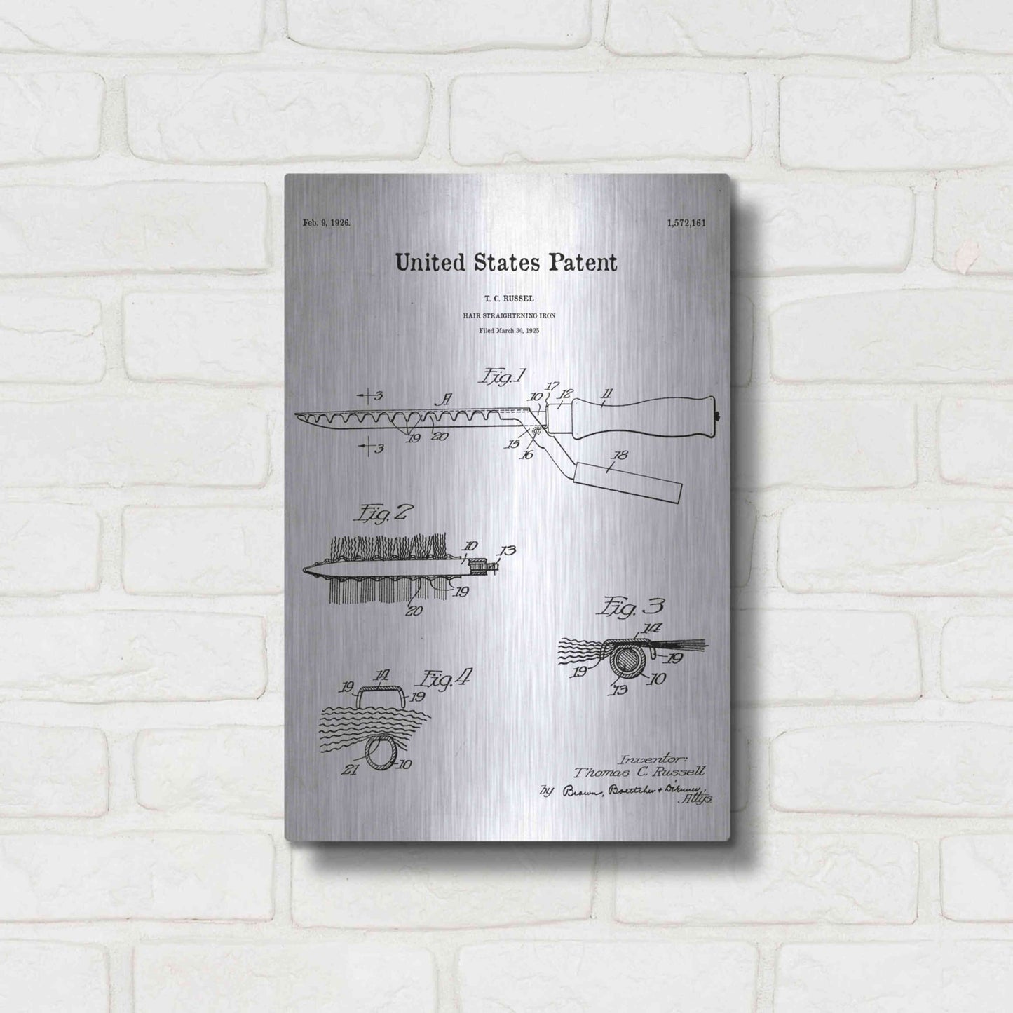 Luxe Metal Art 'Hair Straightening Iron Blueprint Patent White' Acrylic Glass Wall Art,12x16