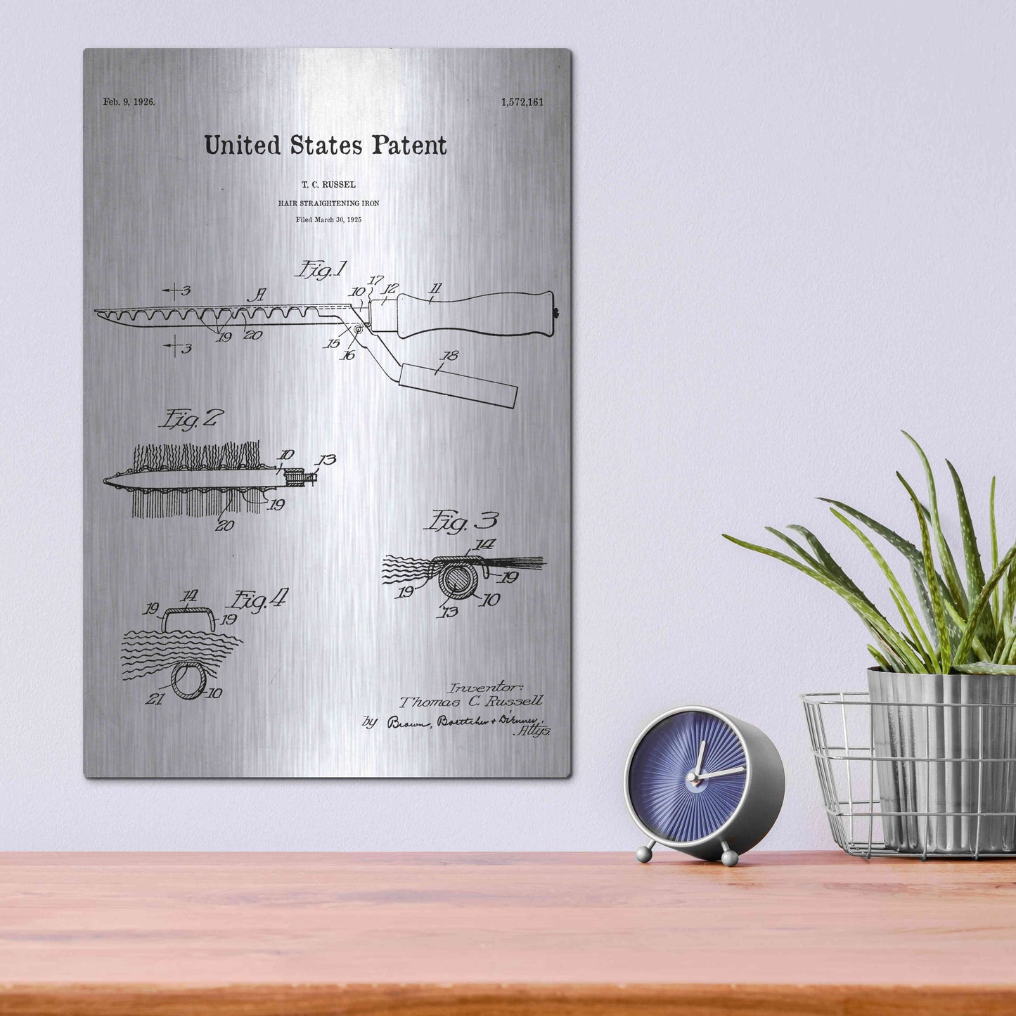 Luxe Metal Art 'Hair Straightening Iron Blueprint Patent White' Acrylic Glass Wall Art,12x16