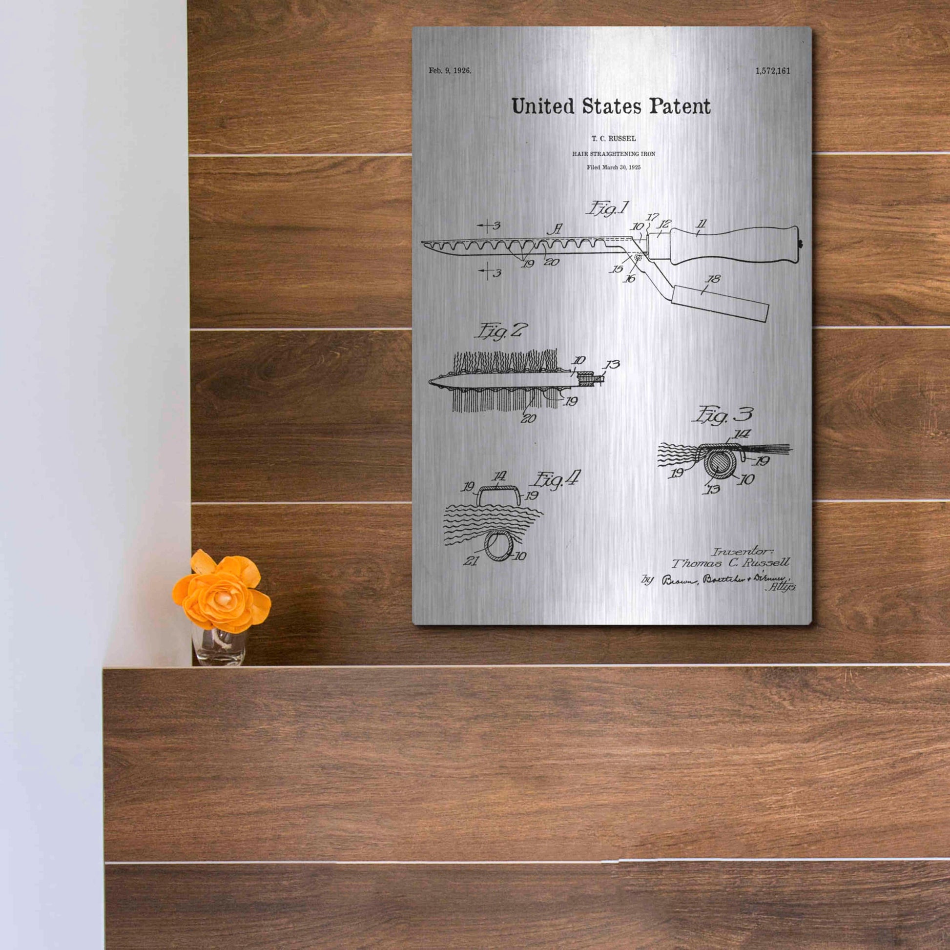 Luxe Metal Art 'Hair Straightening Iron Blueprint Patent White' Acrylic Glass Wall Art,12x16