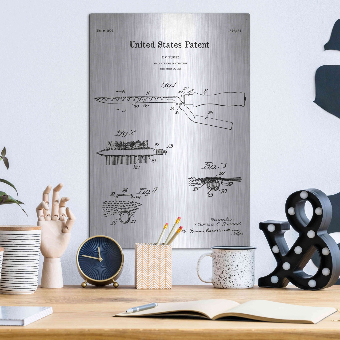 Luxe Metal Art 'Hair Straightening Iron Blueprint Patent White' Acrylic Glass Wall Art,12x16