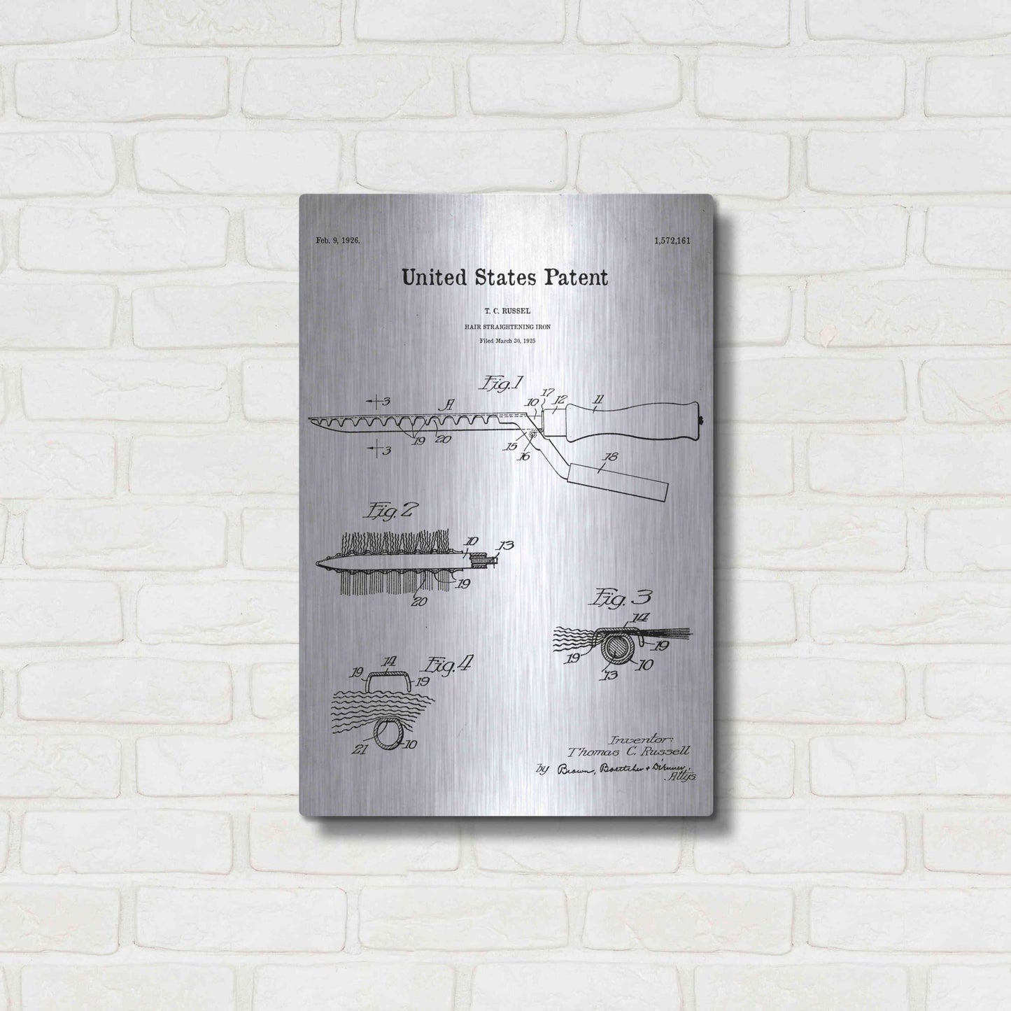 Luxe Metal Art 'Hair Straightening Iron Blueprint Patent White' Acrylic Glass Wall Art,16x24