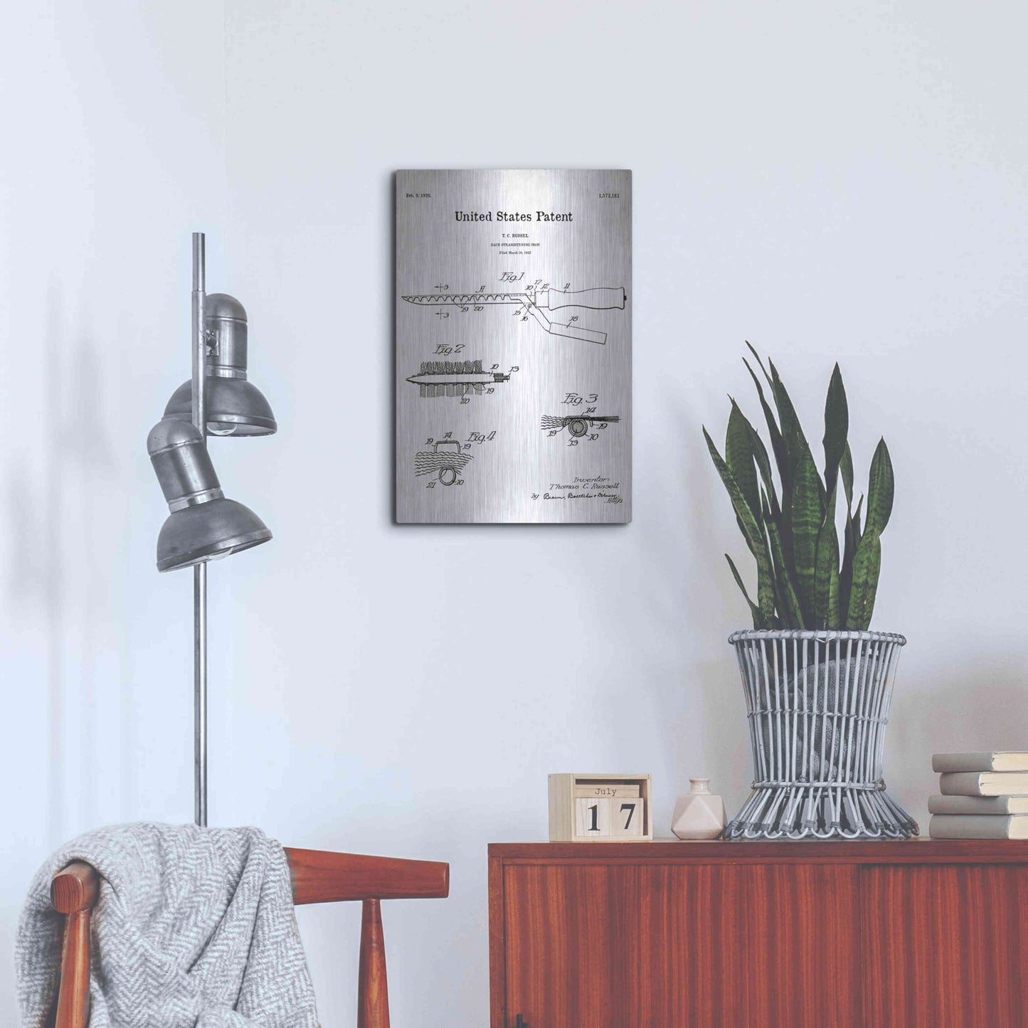 Luxe Metal Art 'Hair Straightening Iron Blueprint Patent White' Acrylic Glass Wall Art,16x24