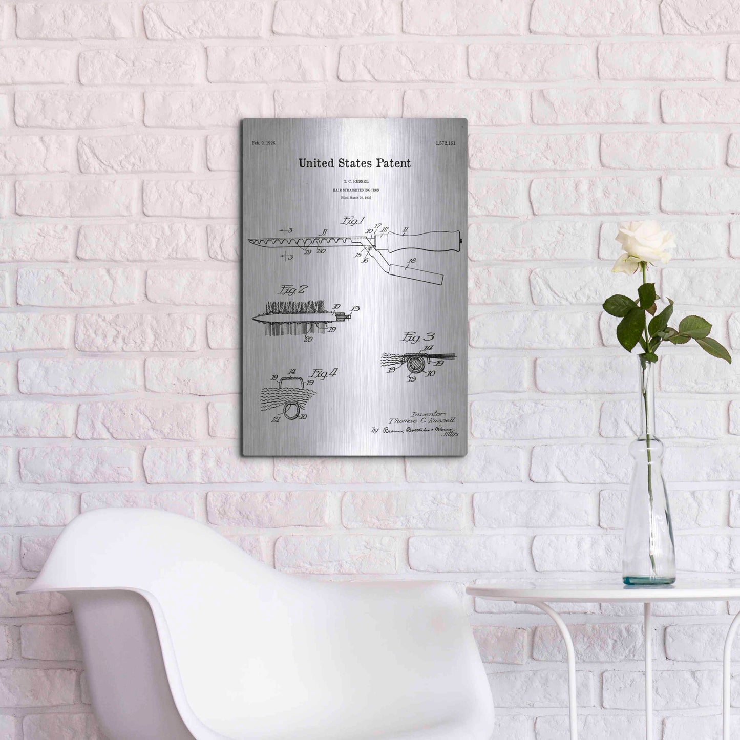 Luxe Metal Art 'Hair Straightening Iron Blueprint Patent White' Acrylic Glass Wall Art,16x24