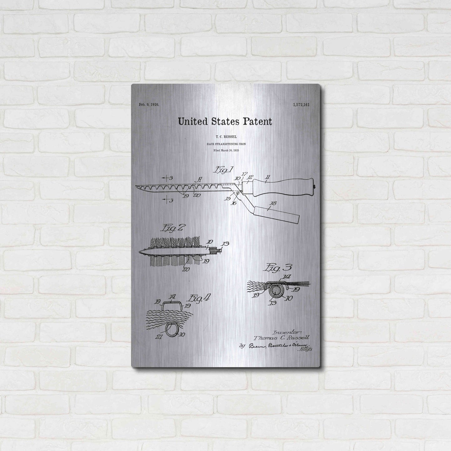 Luxe Metal Art 'Hair Straightening Iron Blueprint Patent White' Acrylic Glass Wall Art,24x36