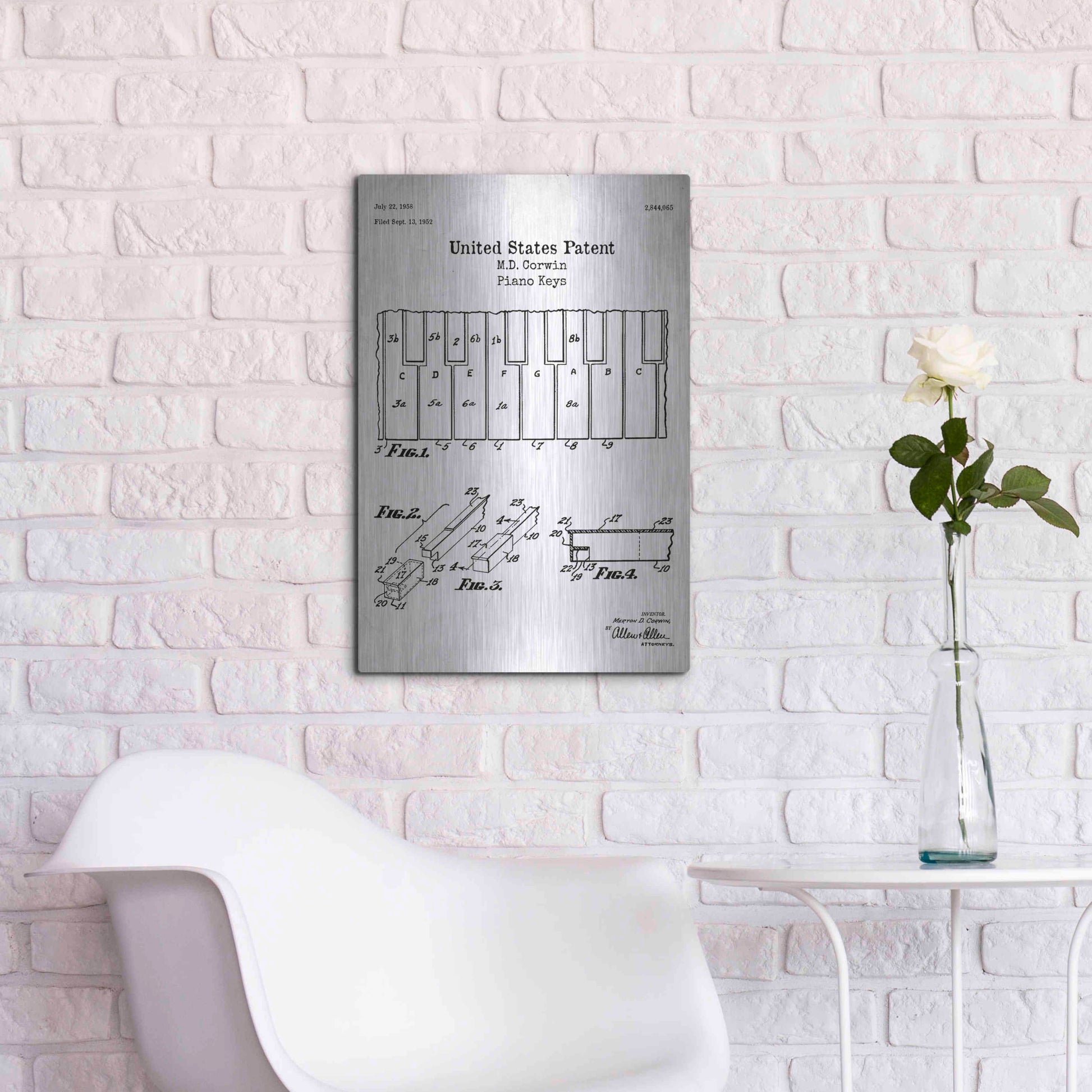 Luxe Metal Art 'Piano Keys Blueprint Patent White' Acrylic Glass Wall Art,16x24