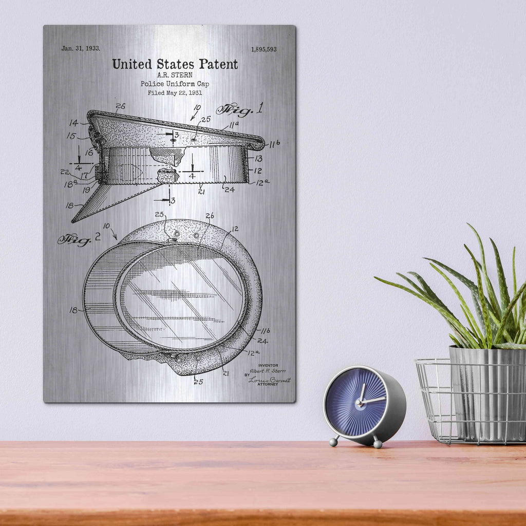 Luxe Metal Art 'Police Uniform Cap Blueprint Patent White' Metal Wall Art,12x16