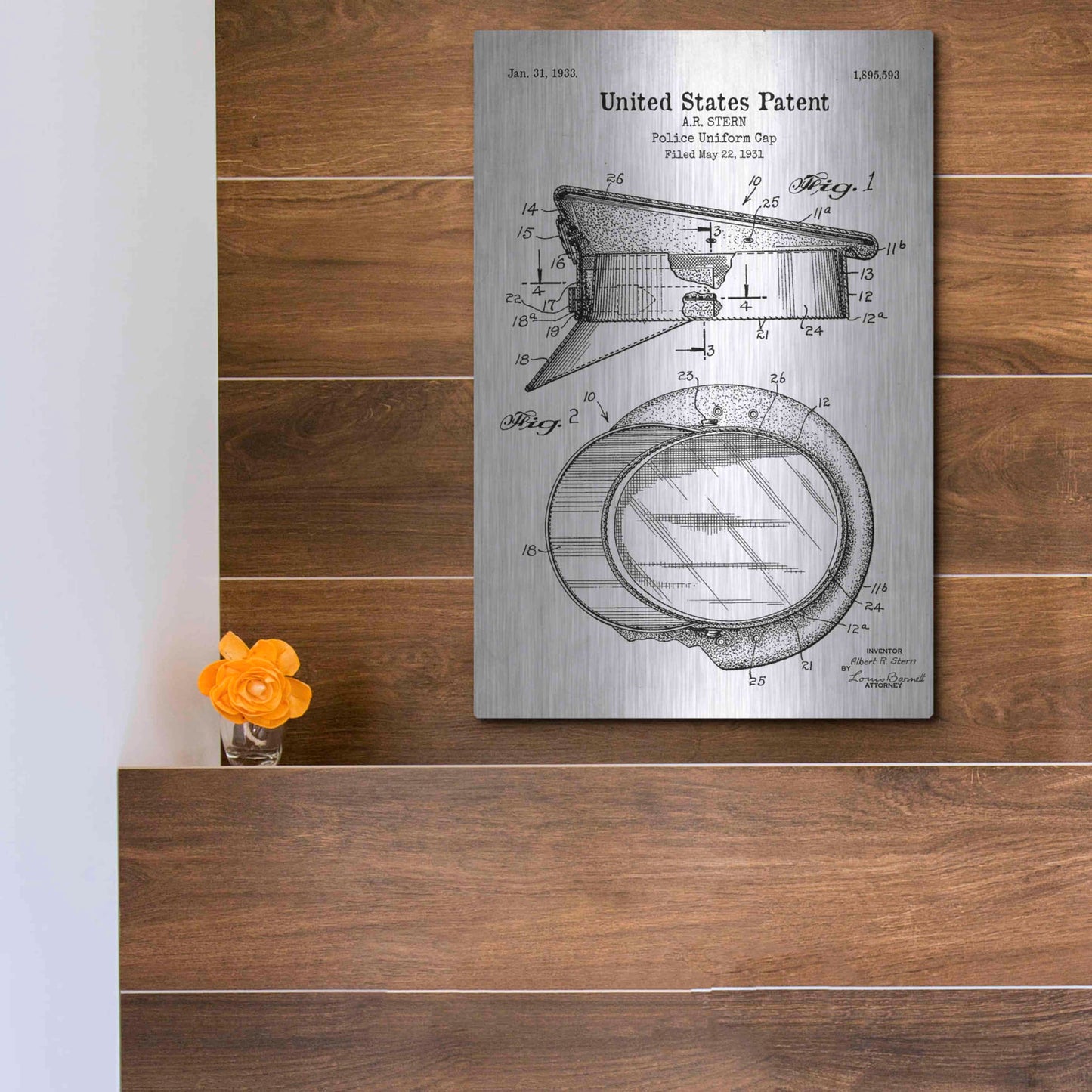 Luxe Metal Art 'Police Uniform Cap Blueprint Patent White' Acrylic Glass Wall Art,12x16