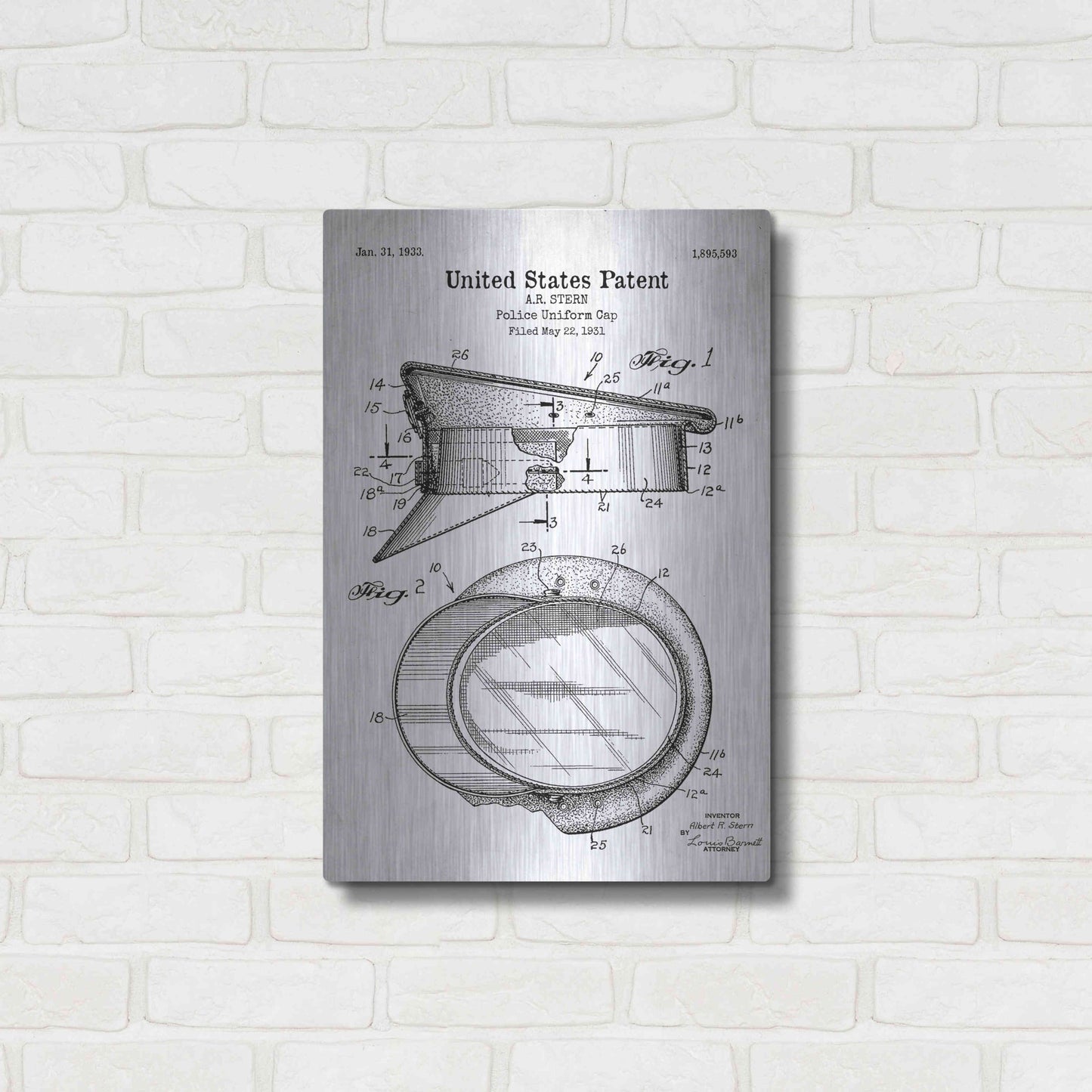 Luxe Metal Art 'Police Uniform Cap Blueprint Patent White' Acrylic Glass Wall Art,16x24