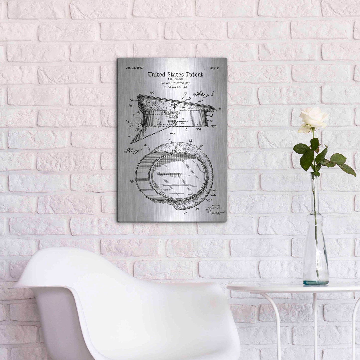 Luxe Metal Art 'Police Uniform Cap Blueprint Patent White' Acrylic Glass Wall Art,16x24