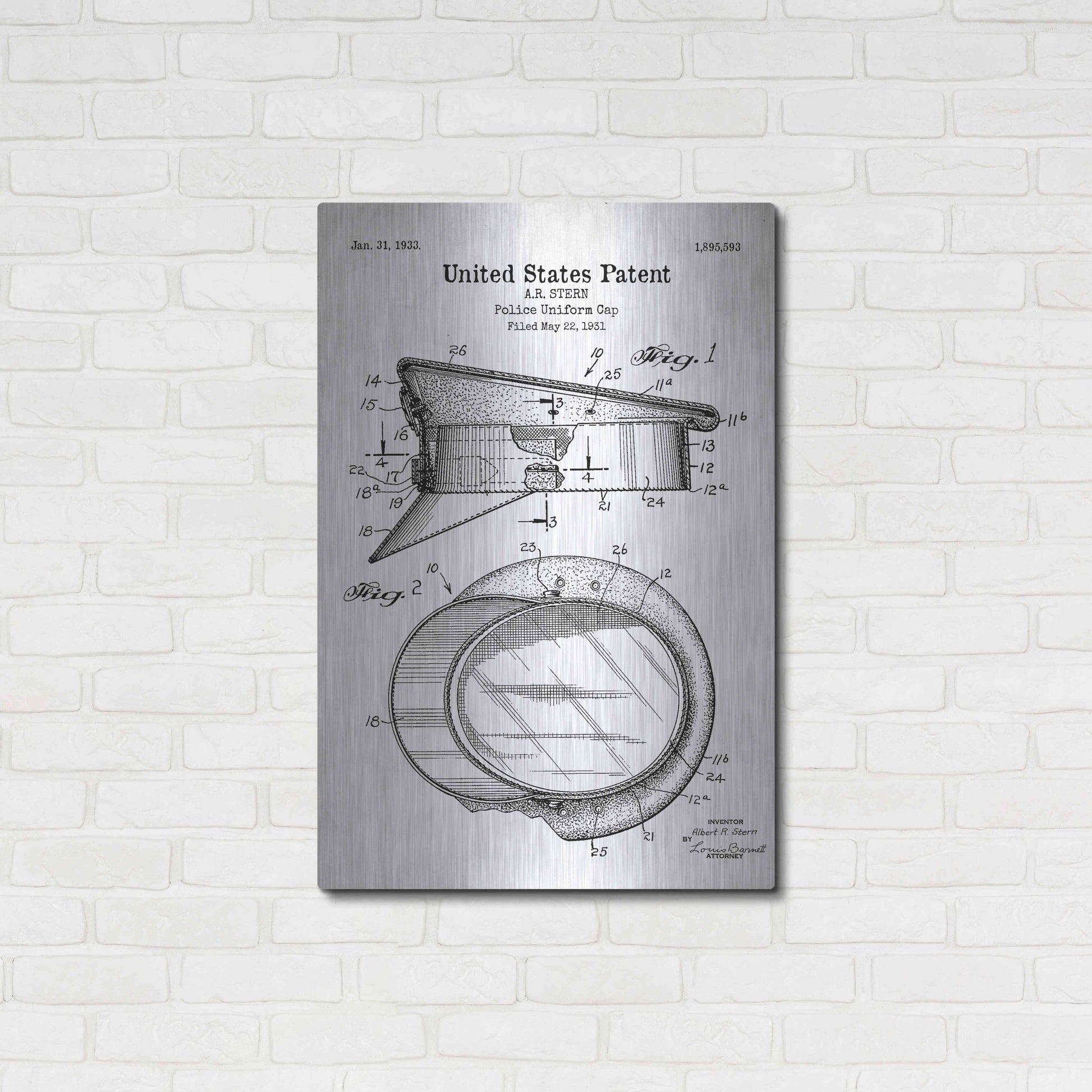 Luxe Metal Art 'Police Uniform Cap Blueprint Patent White' Acrylic Glass Wall Art,24x36