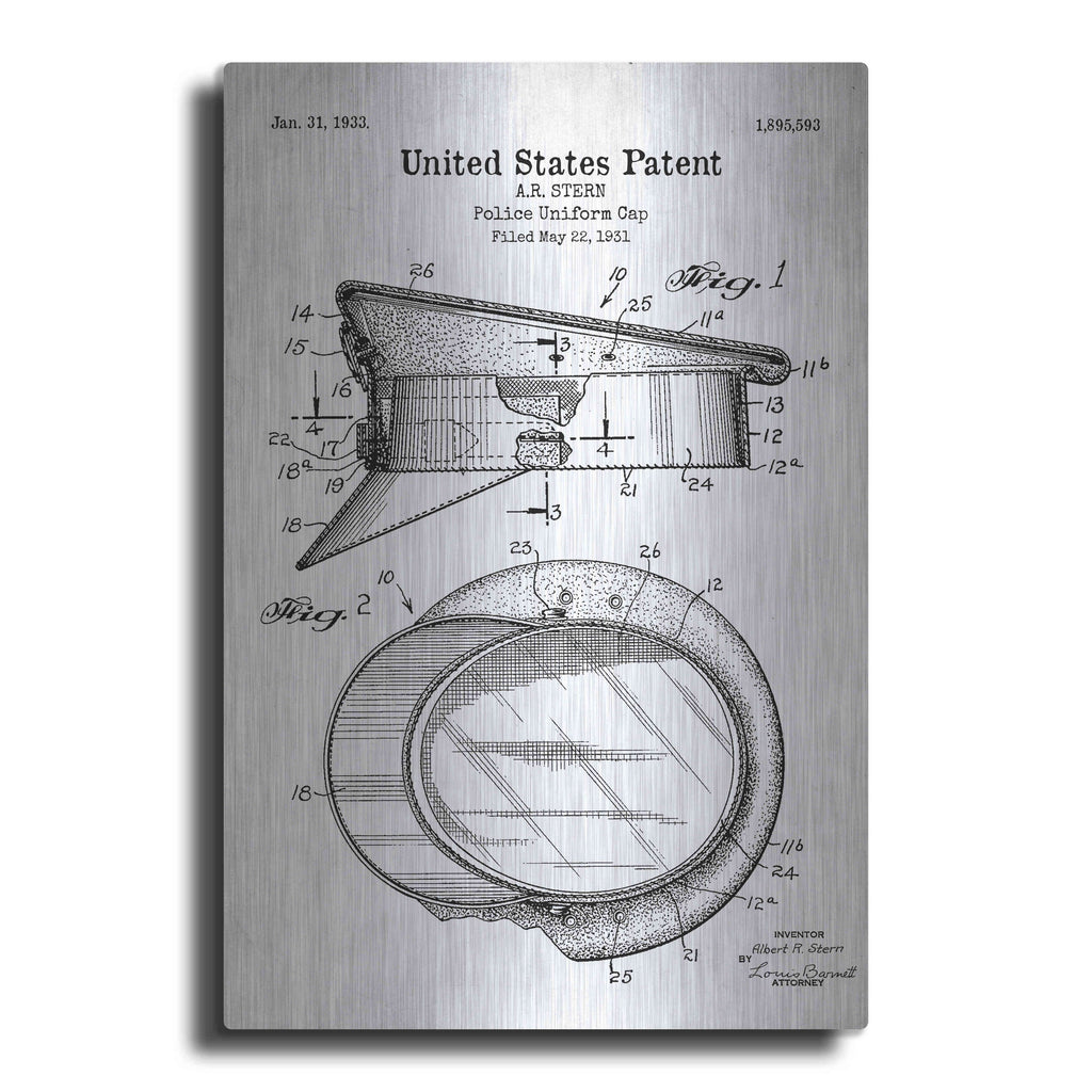 Luxe Metal Art 'Police Uniform Cap Blueprint Patent White' Metal Wall Art
