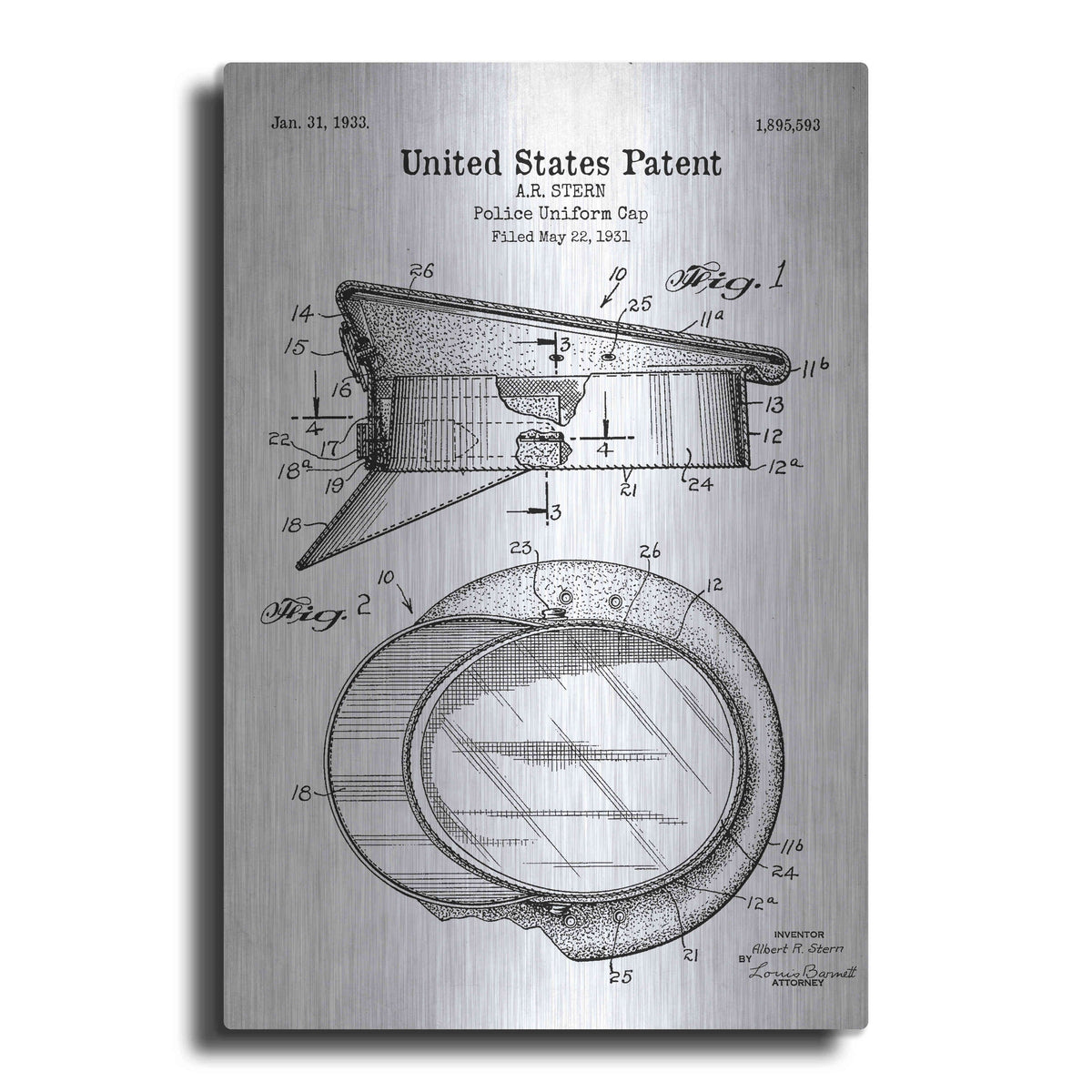 Luxe Metal Art 'Police Uniform Cap Blueprint Patent White' Metal Wall Art
