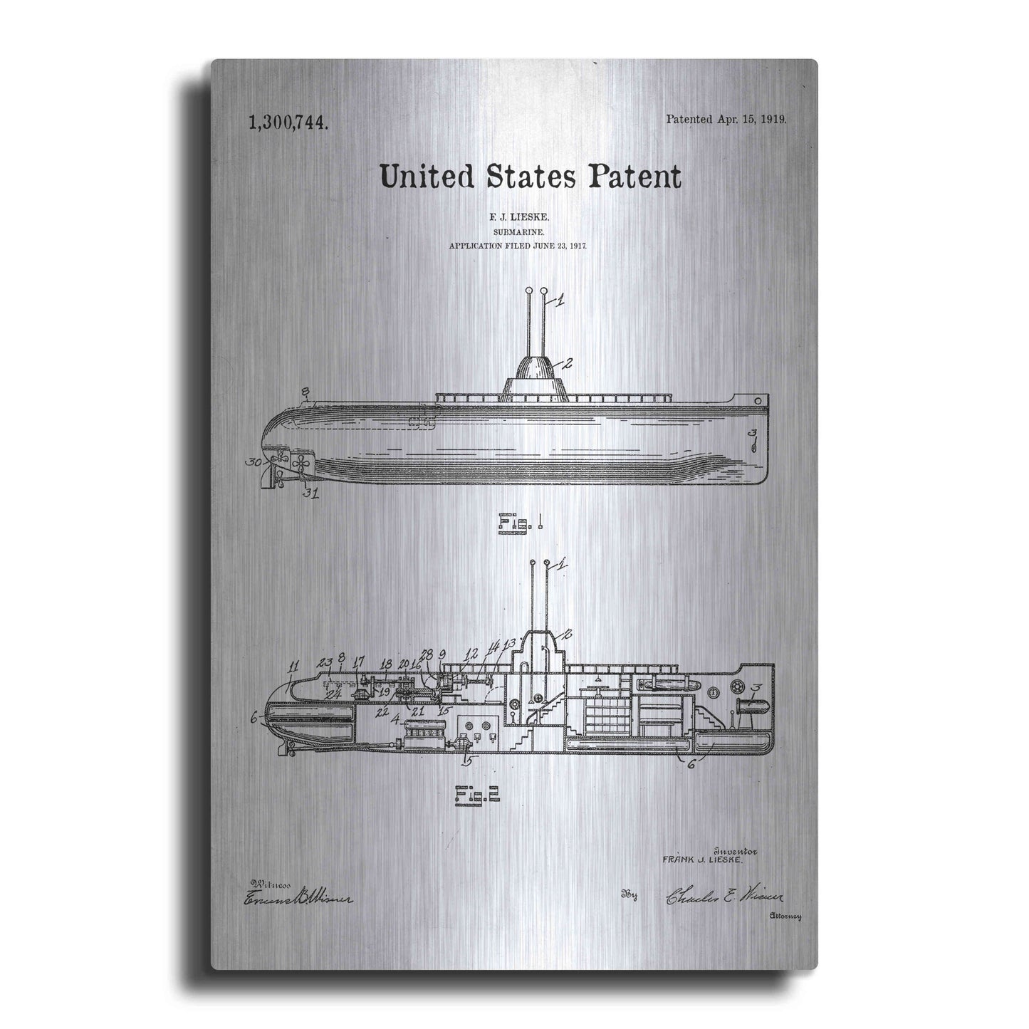 Luxe Metal Art 'Submarine Blueprint Patent White' Acrylic Glass Wall Art