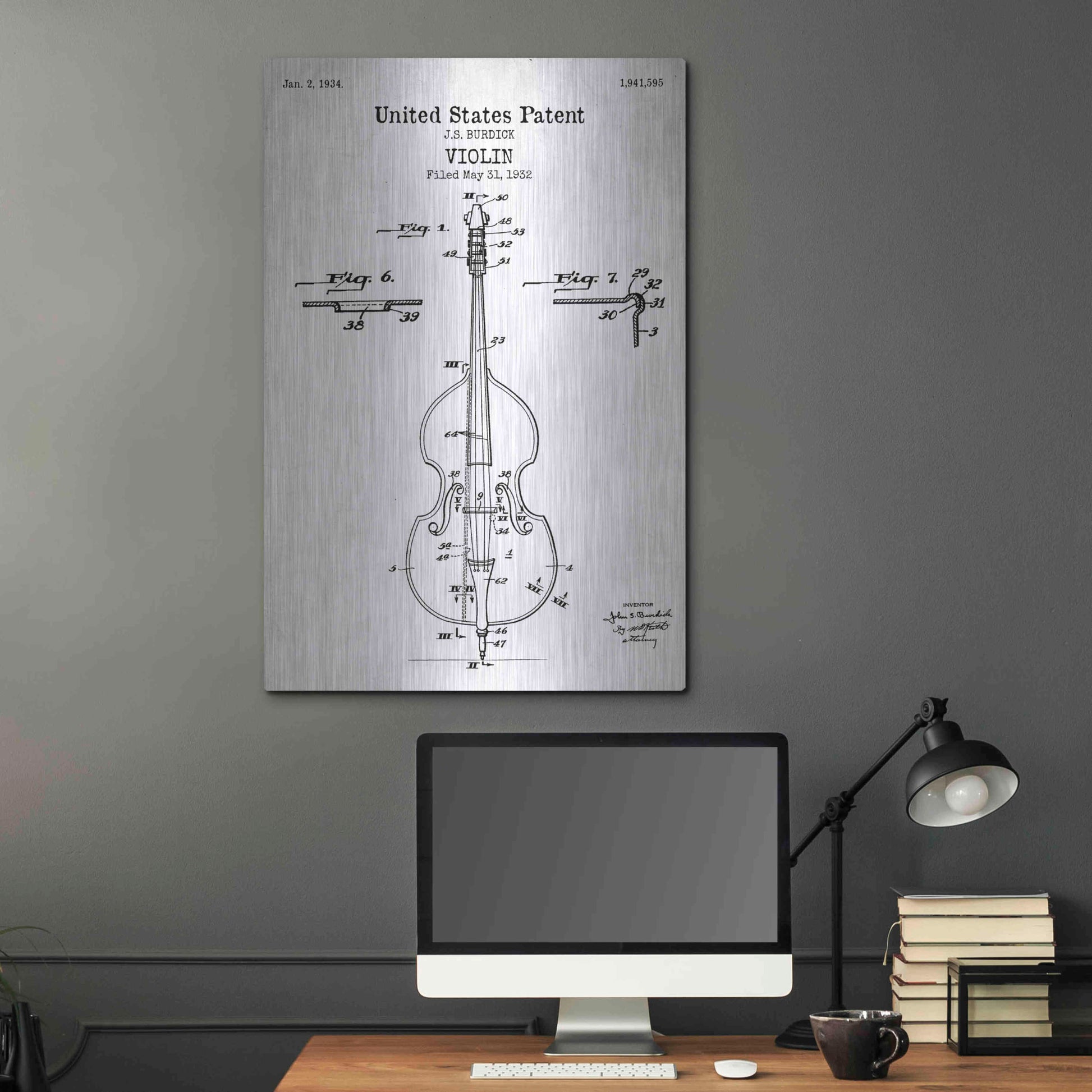 Luxe Metal Art 'Violin Blueprint Patent White' Acrylic Glass Wall Art,24x36