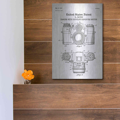 Luxe Metal Art 'Camera with Coupled Exposure Meter Blueprint Patent White' Acrylic Glass Wall Art,12x16