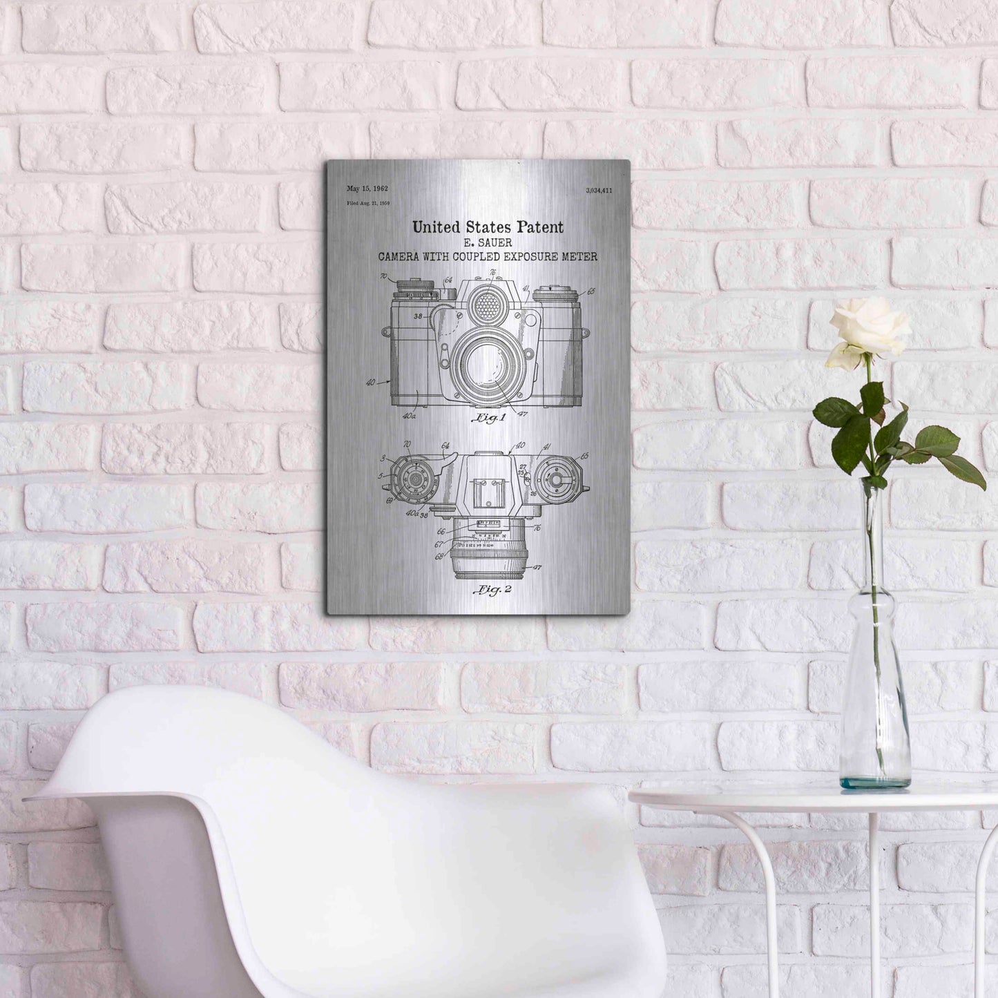 Luxe Metal Art 'Camera with Coupled Exposure Meter Blueprint Patent White' Acrylic Glass Wall Art,16x24