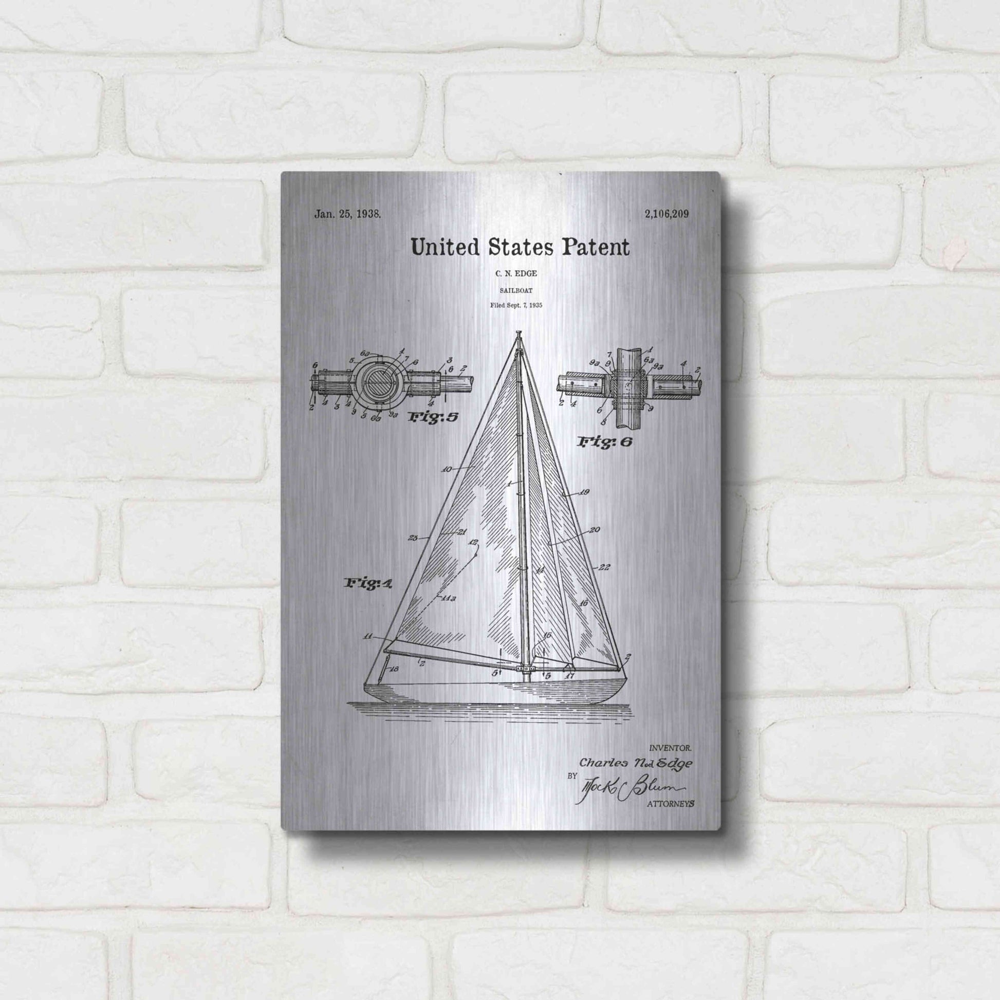 Luxe Metal Art 'Sailboat Blueprint Patent White' Acrylic Glass Wall Art,12x16