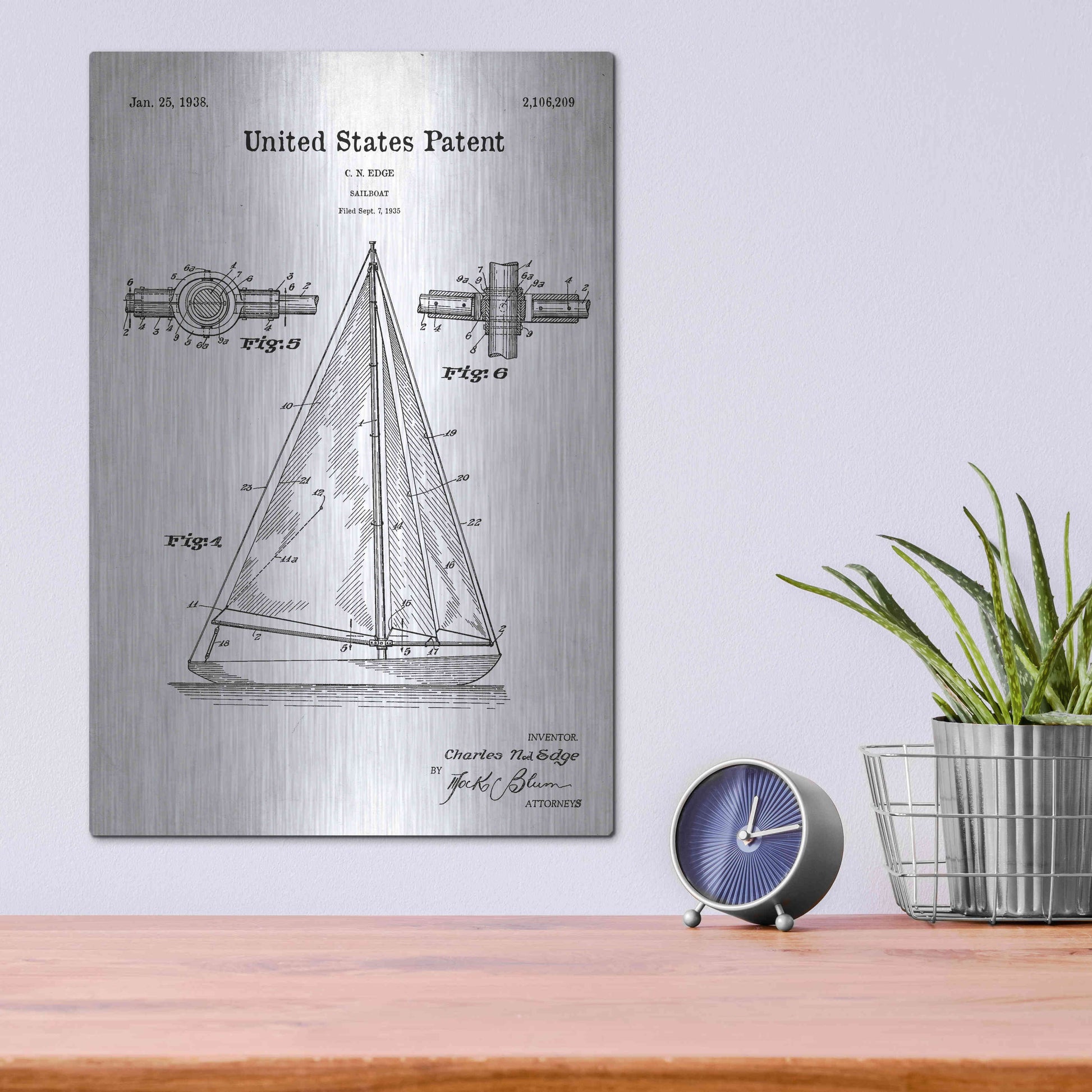 Luxe Metal Art 'Sailboat Blueprint Patent White' Acrylic Glass Wall Art,12x16