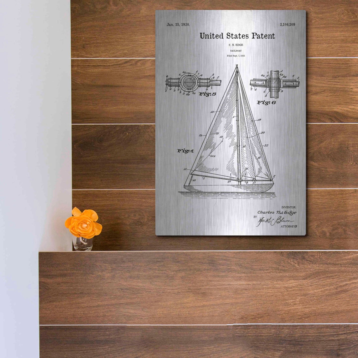 Luxe Metal Art 'Sailboat Blueprint Patent White' Acrylic Glass Wall Art,12x16