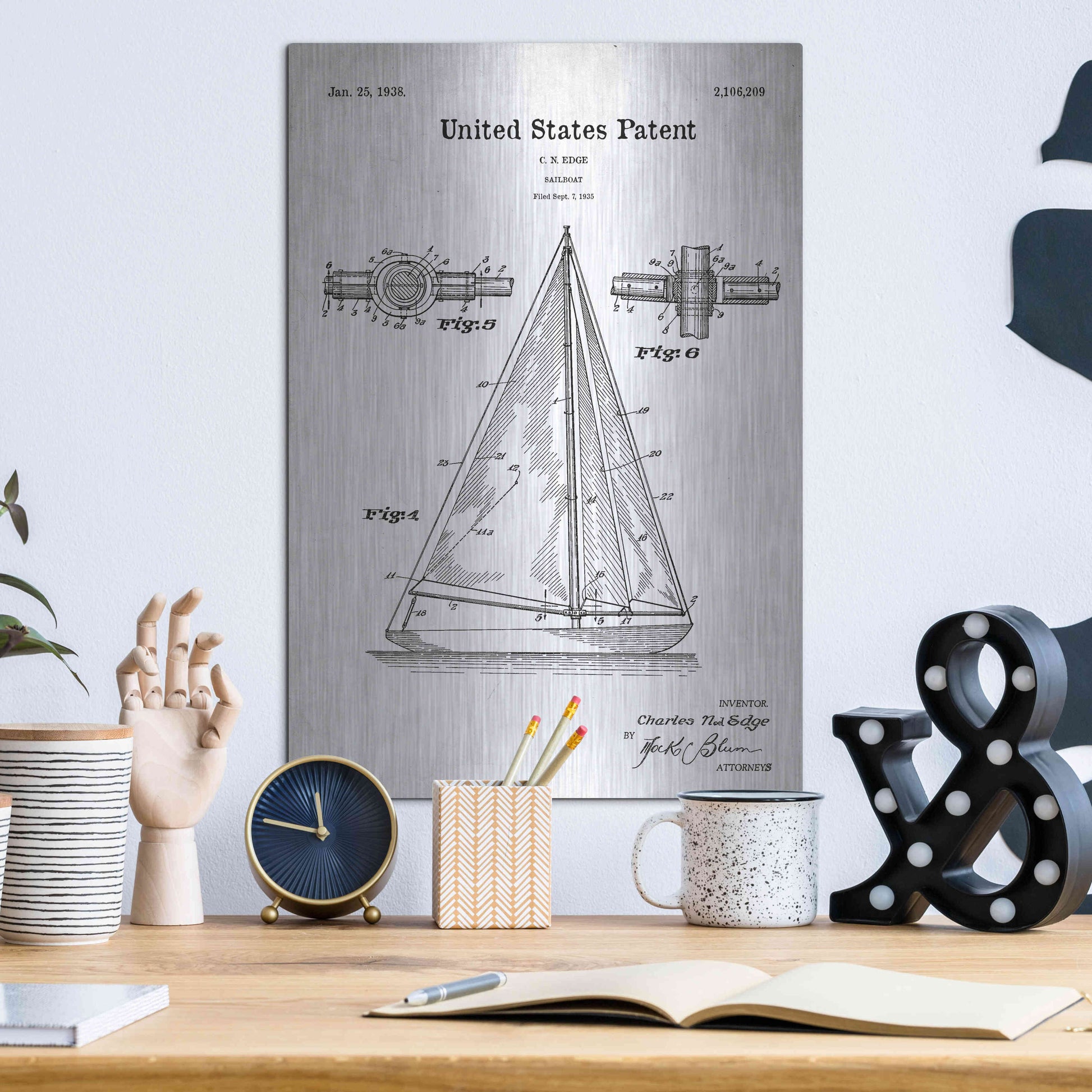 Luxe Metal Art 'Sailboat Blueprint Patent White' Acrylic Glass Wall Art,12x16