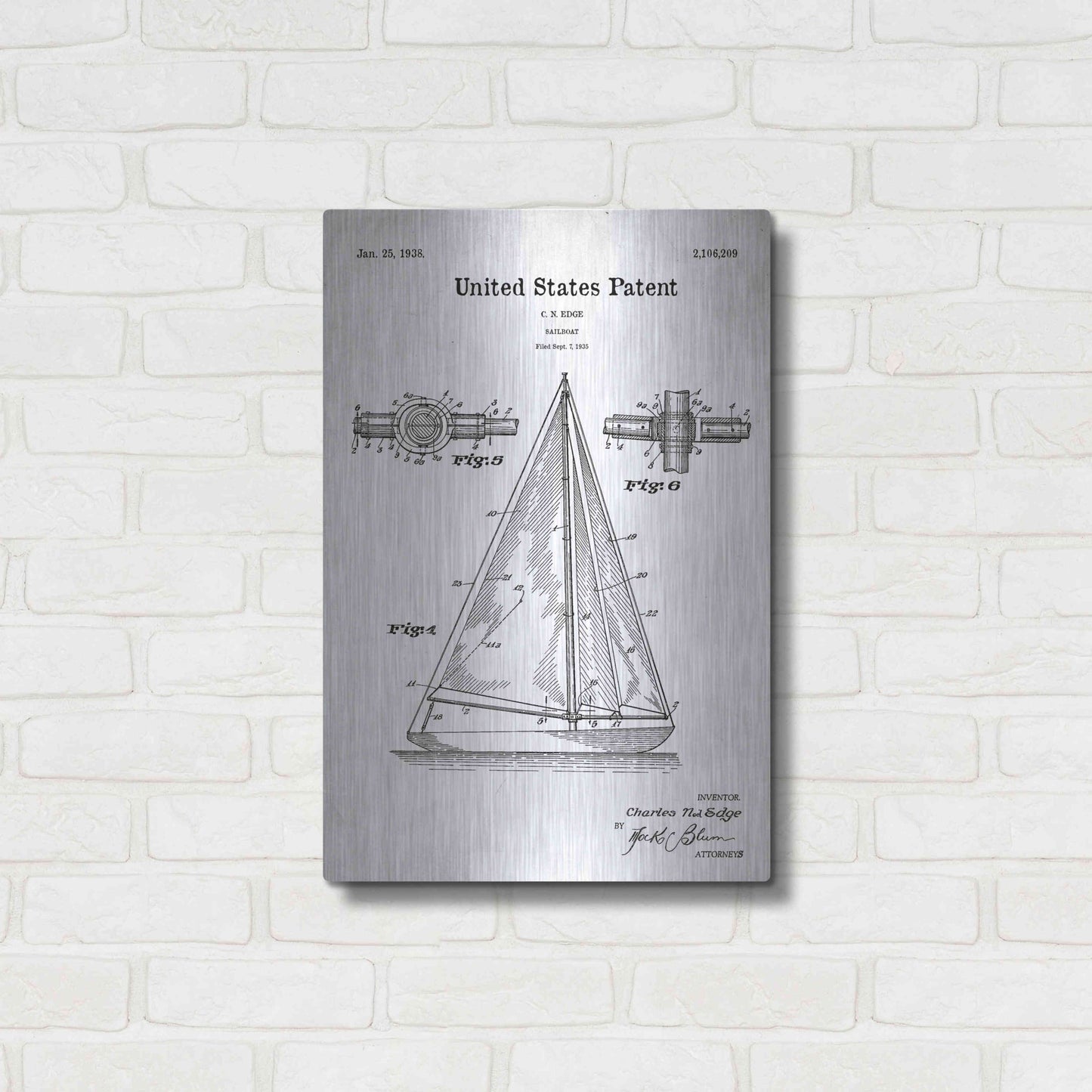 Luxe Metal Art 'Sailboat Blueprint Patent White' Acrylic Glass Wall Art,16x24