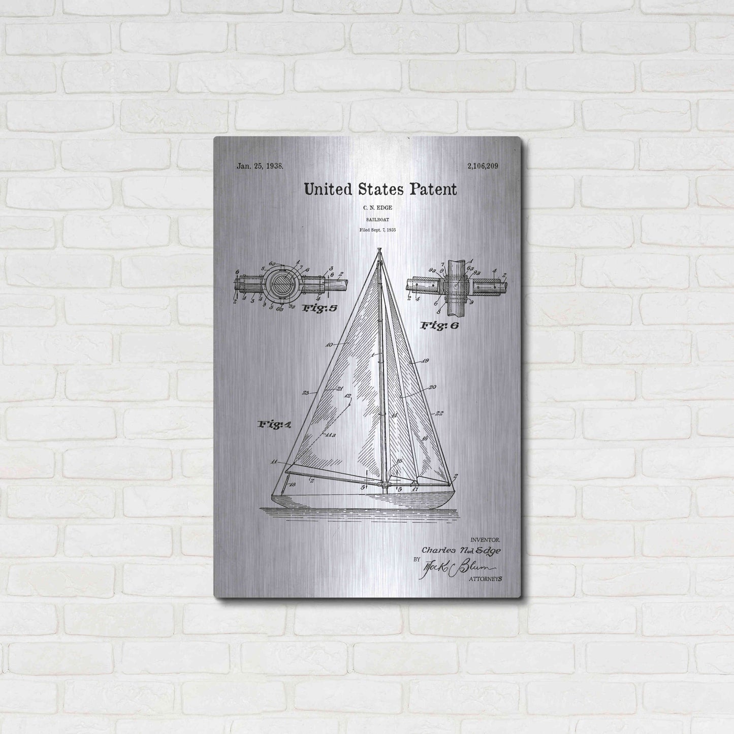 Luxe Metal Art 'Sailboat Blueprint Patent White' Acrylic Glass Wall Art,24x36