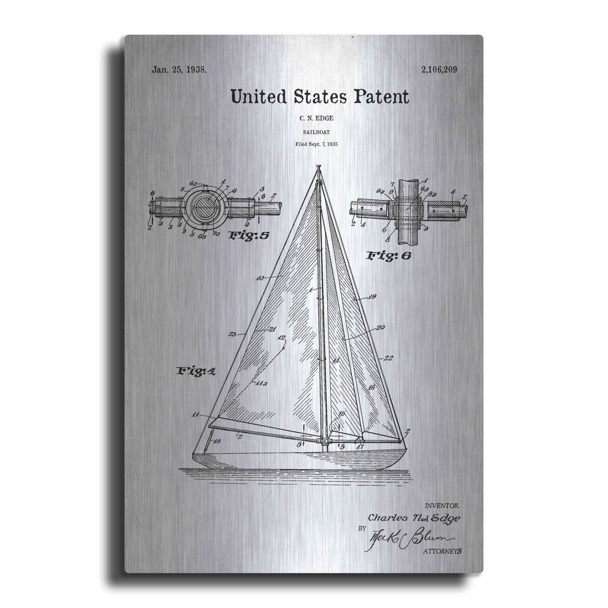 Luxe Metal Art 'Sailboat Blueprint Patent White' Metal Wall Art