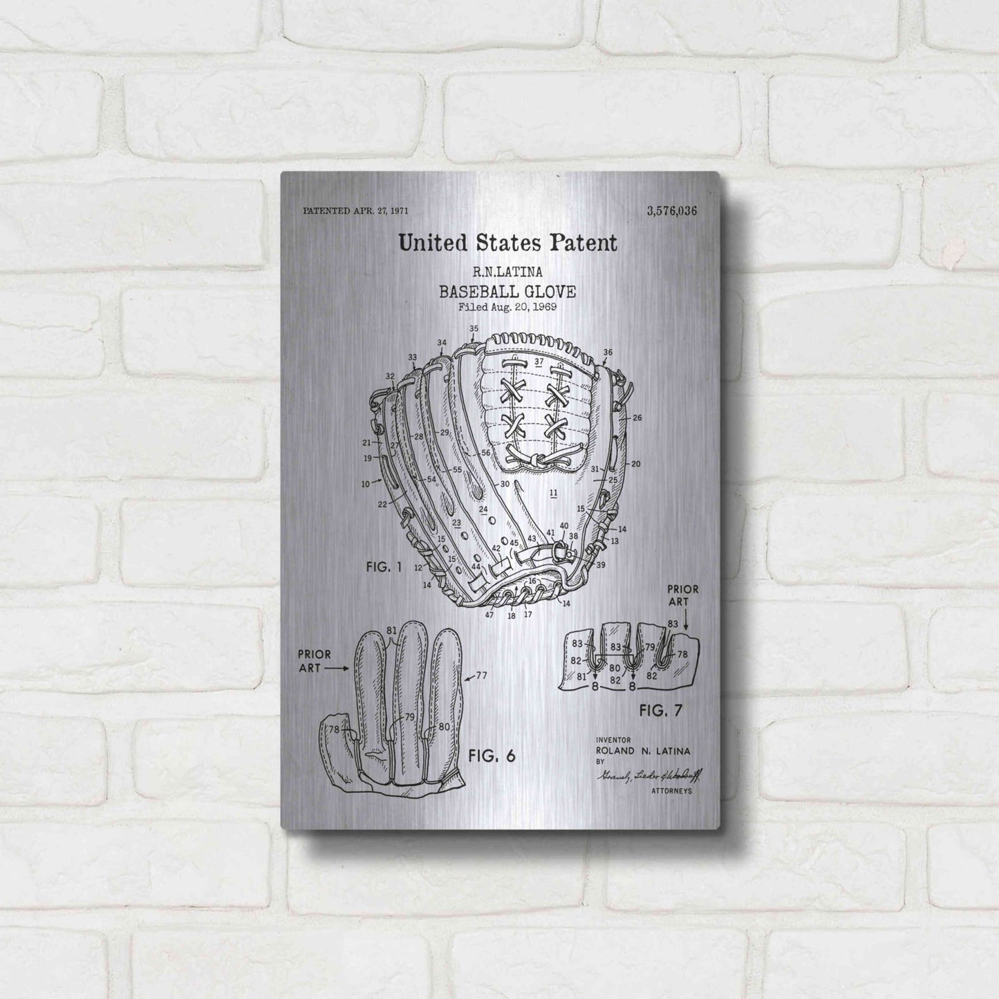 Luxe Metal Art 'Baseball Glove, 1971, Blueprint Patent White' Acrylic Glass Wall Art,12x16