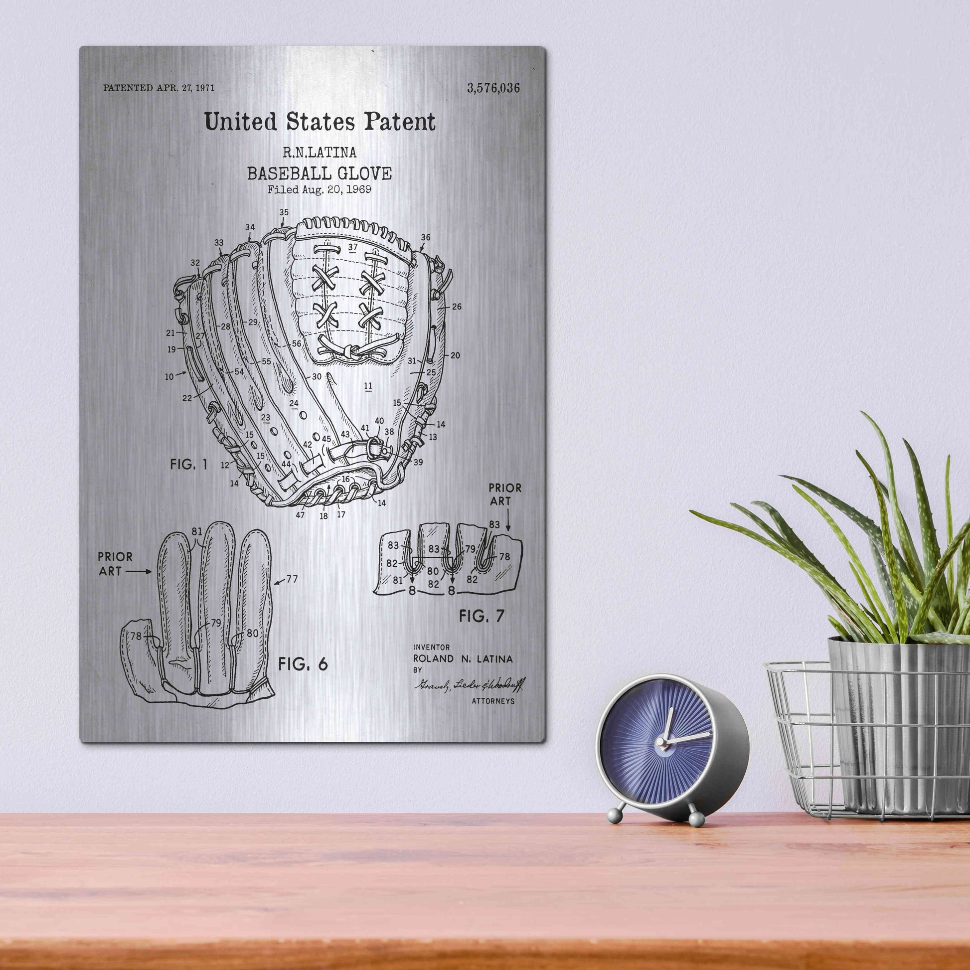 Luxe Metal Art 'Baseball Glove, 1971, Blueprint Patent White' Acrylic Glass Wall Art,12x16