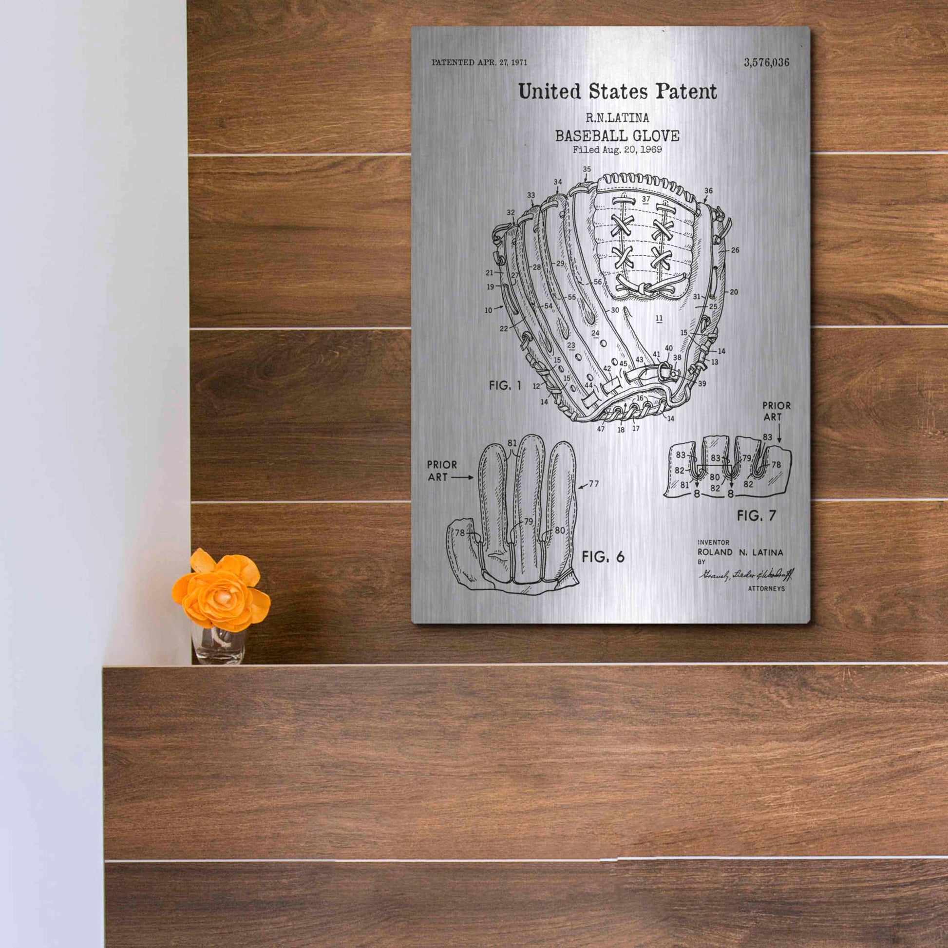 Luxe Metal Art 'Baseball Glove, 1971, Blueprint Patent White' Acrylic Glass Wall Art,12x16