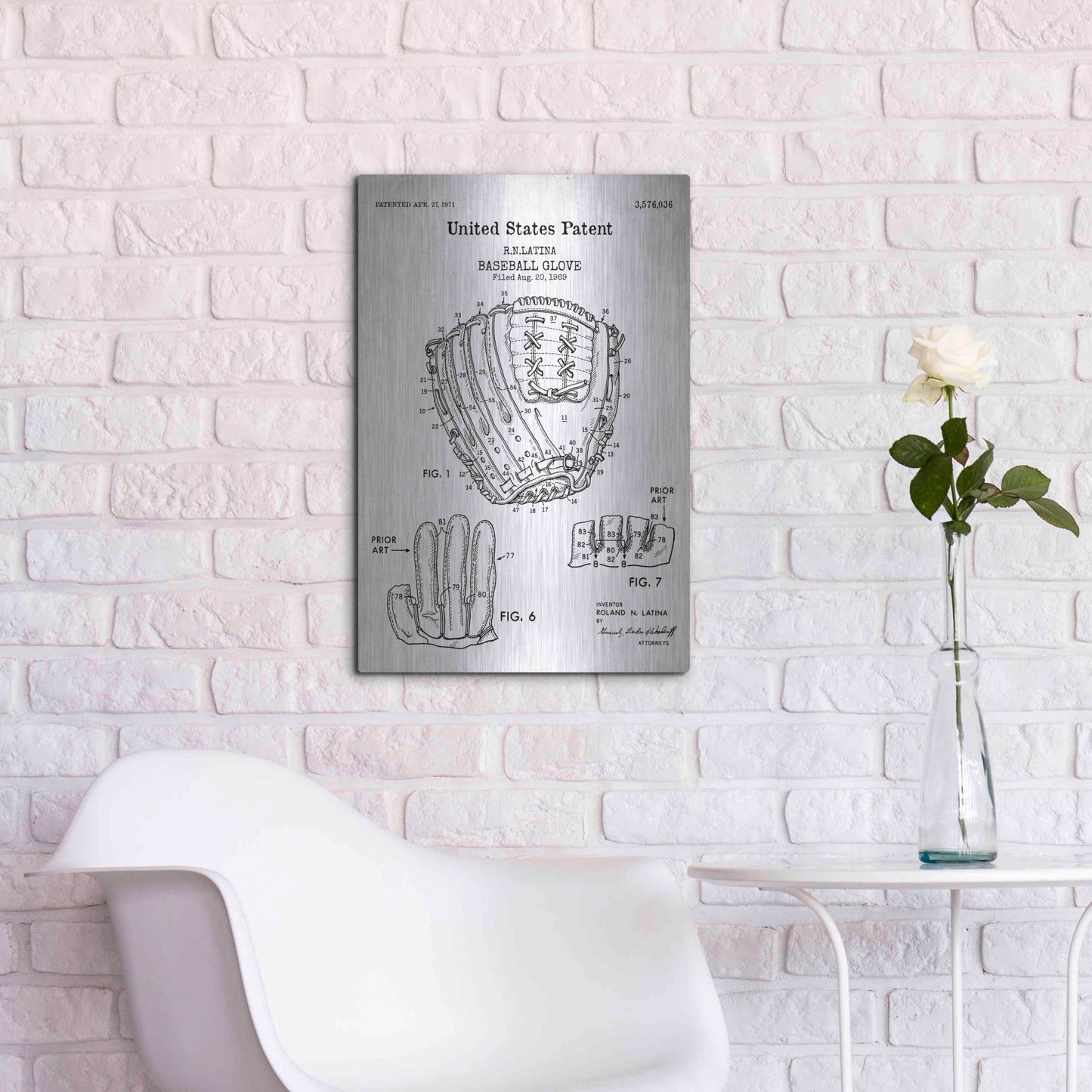 Luxe Metal Art 'Baseball Glove, 1971, Blueprint Patent White' Acrylic Glass Wall Art,16x24