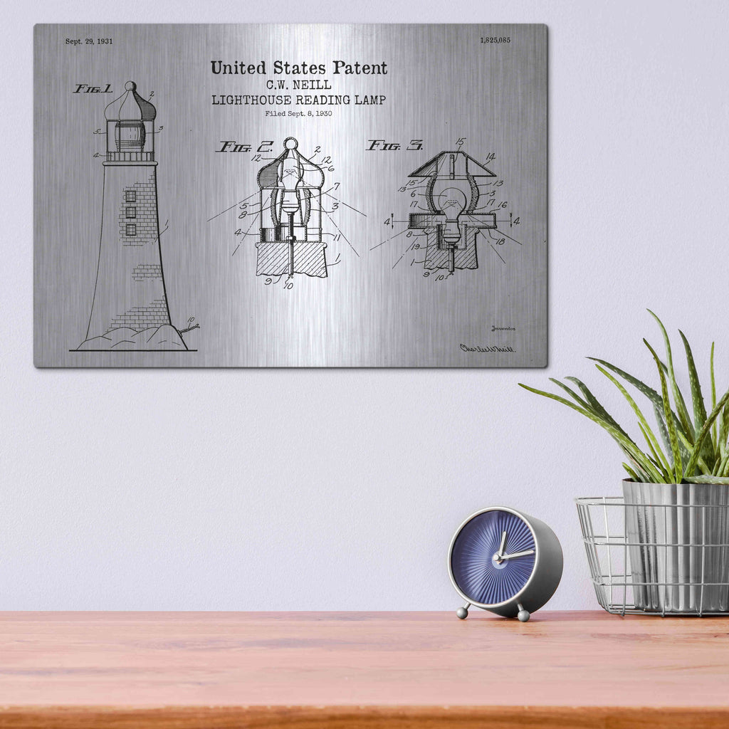 Luxe Metal Art 'Lighthouse Reading Lamp Blueprint Patent White' Metal Wall Art,16x12
