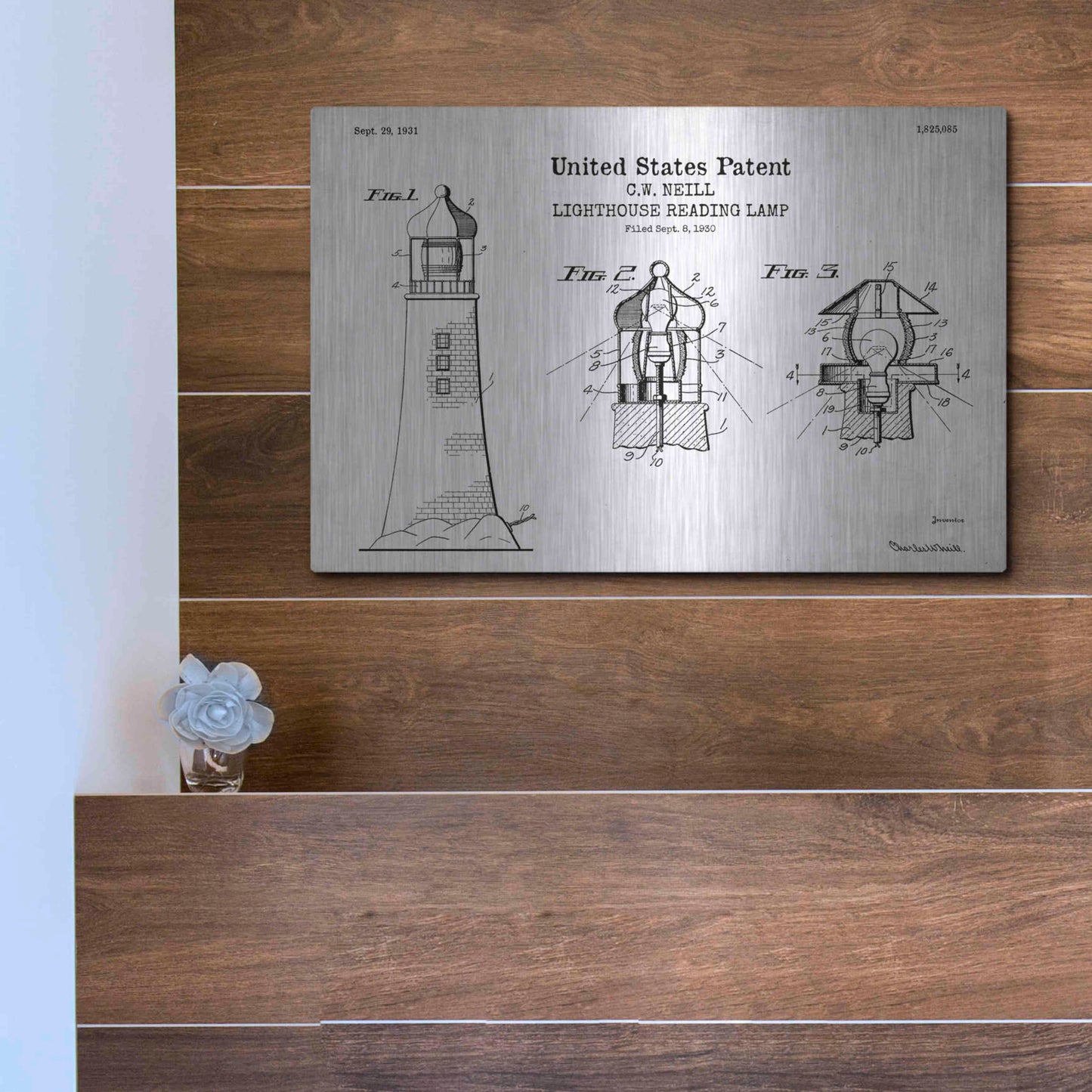 Luxe Metal Art 'Lighthouse Reading Lamp Blueprint Patent White' Acrylic Glass Wall Art,16x12