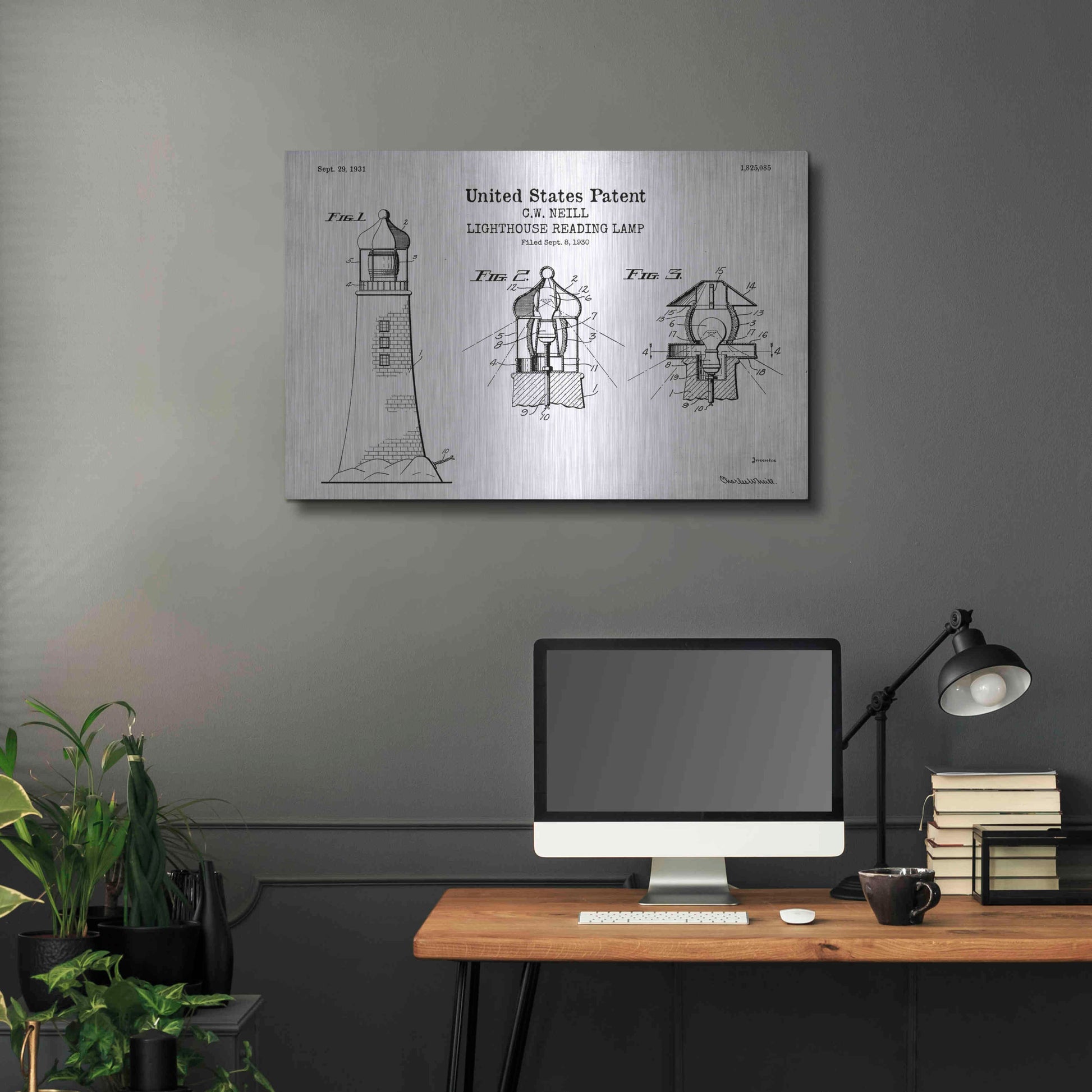 Luxe Metal Art 'Lighthouse Reading Lamp Blueprint Patent White' Acrylic Glass Wall Art,36x24