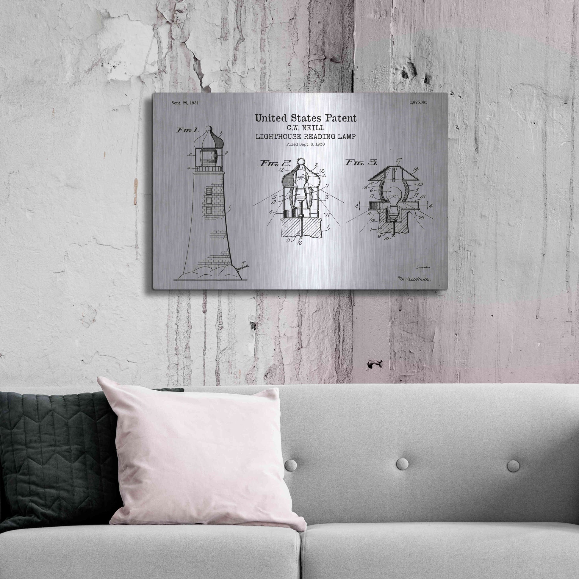 Luxe Metal Art 'Lighthouse Reading Lamp Blueprint Patent White' Acrylic Glass Wall Art,36x24