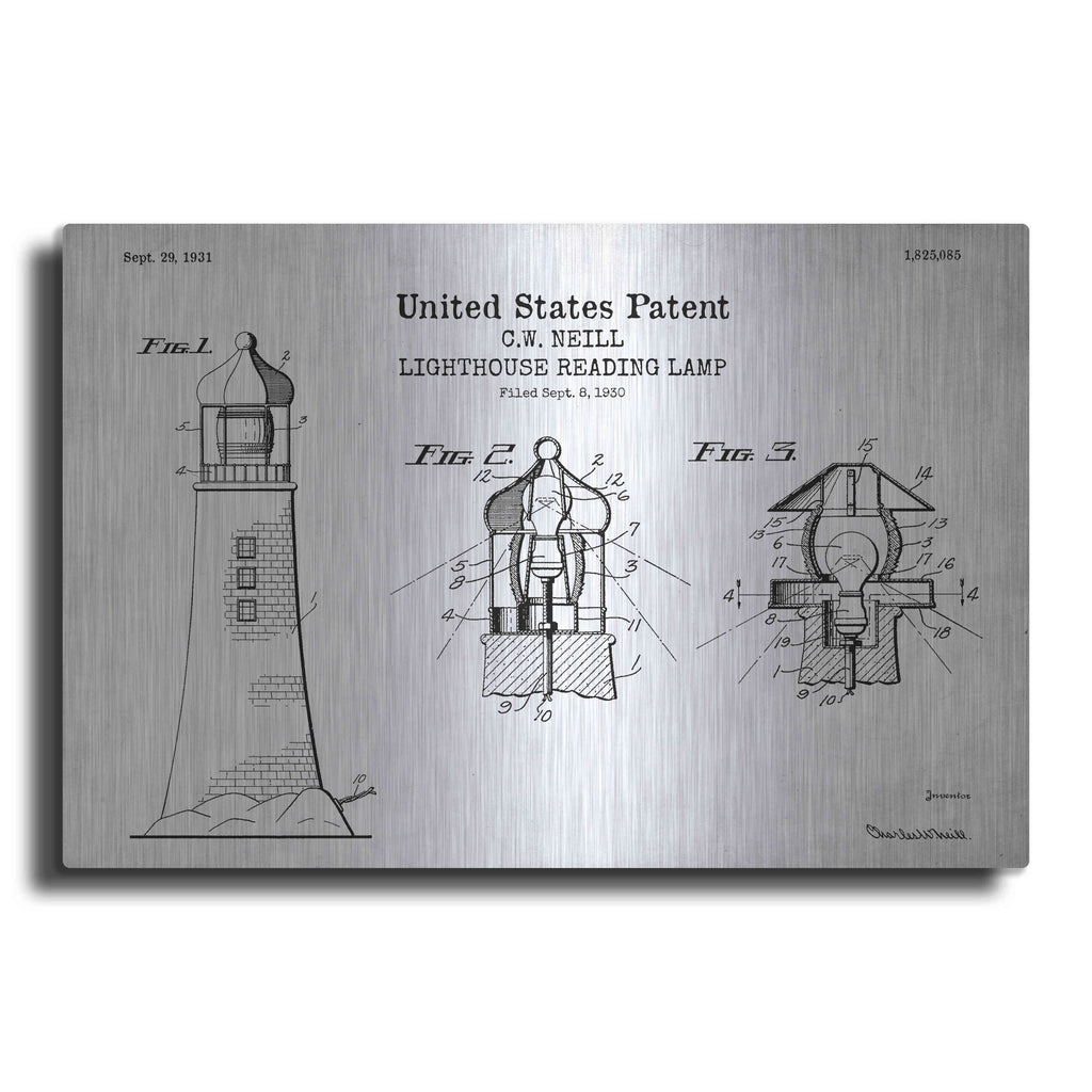 Luxe Metal Art 'Lighthouse Reading Lamp Blueprint Patent White' Metal Wall Art