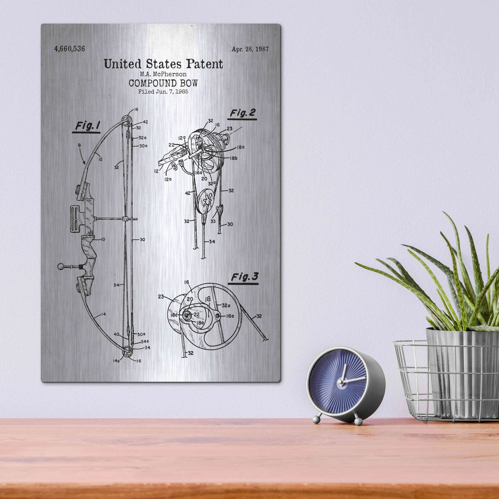 Luxe Metal Art 'Compound Bow Blueprint Patent White' Acrylic Glass Wall Art,12x16