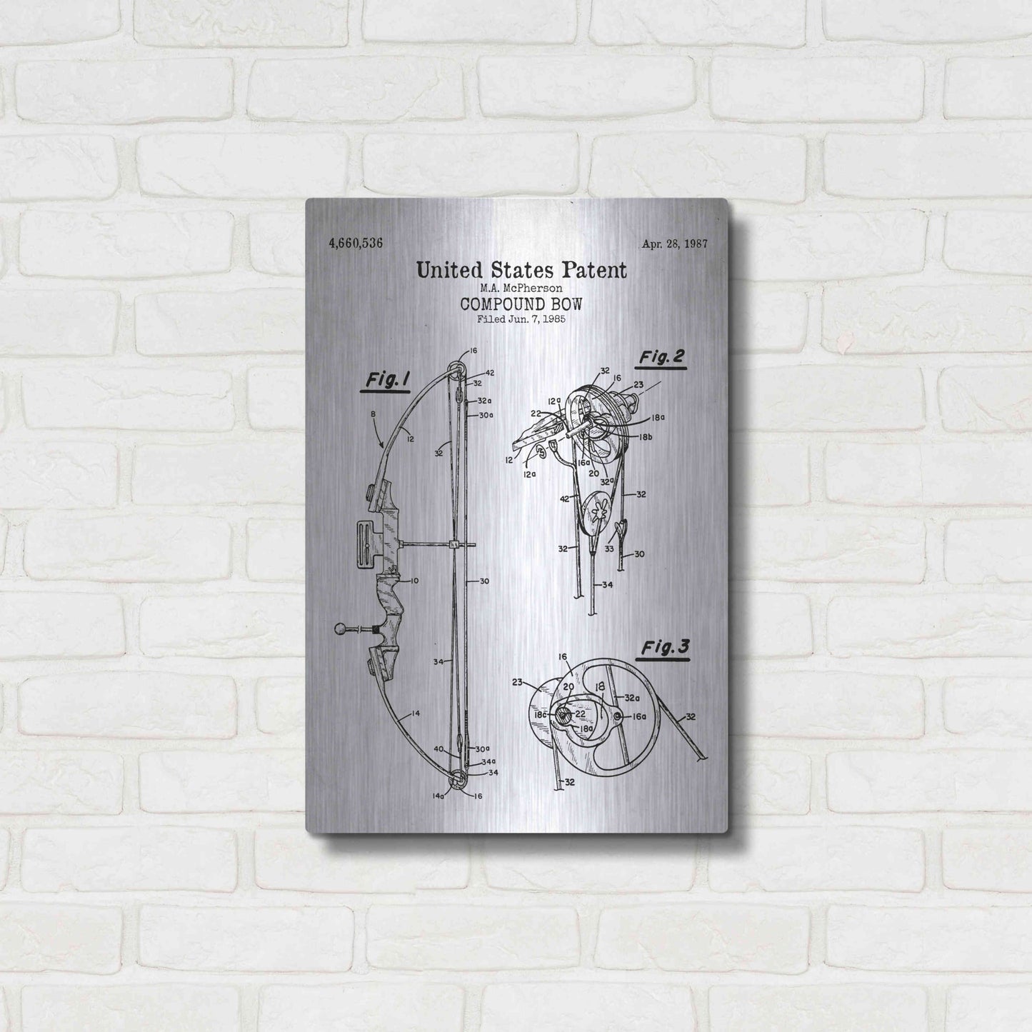 Luxe Metal Art 'Compound Bow Blueprint Patent White' Acrylic Glass Wall Art,16x24