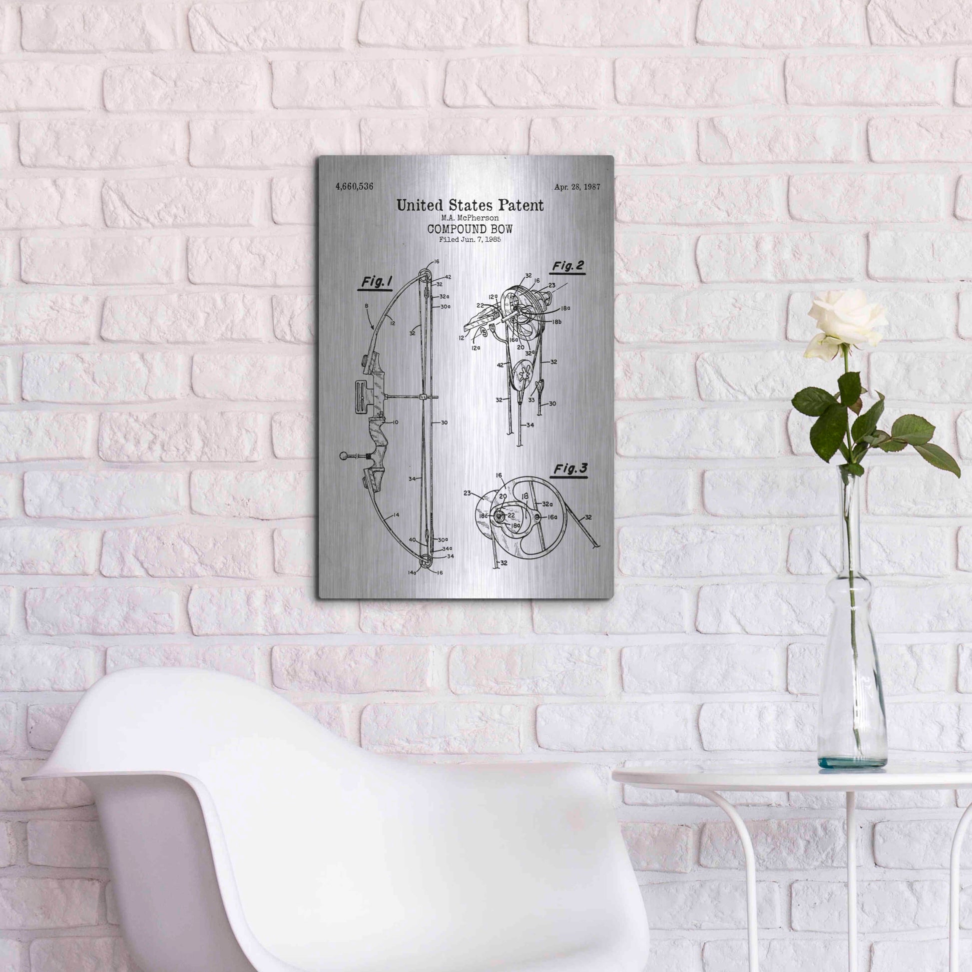 Luxe Metal Art 'Compound Bow Blueprint Patent White' Acrylic Glass Wall Art,16x24