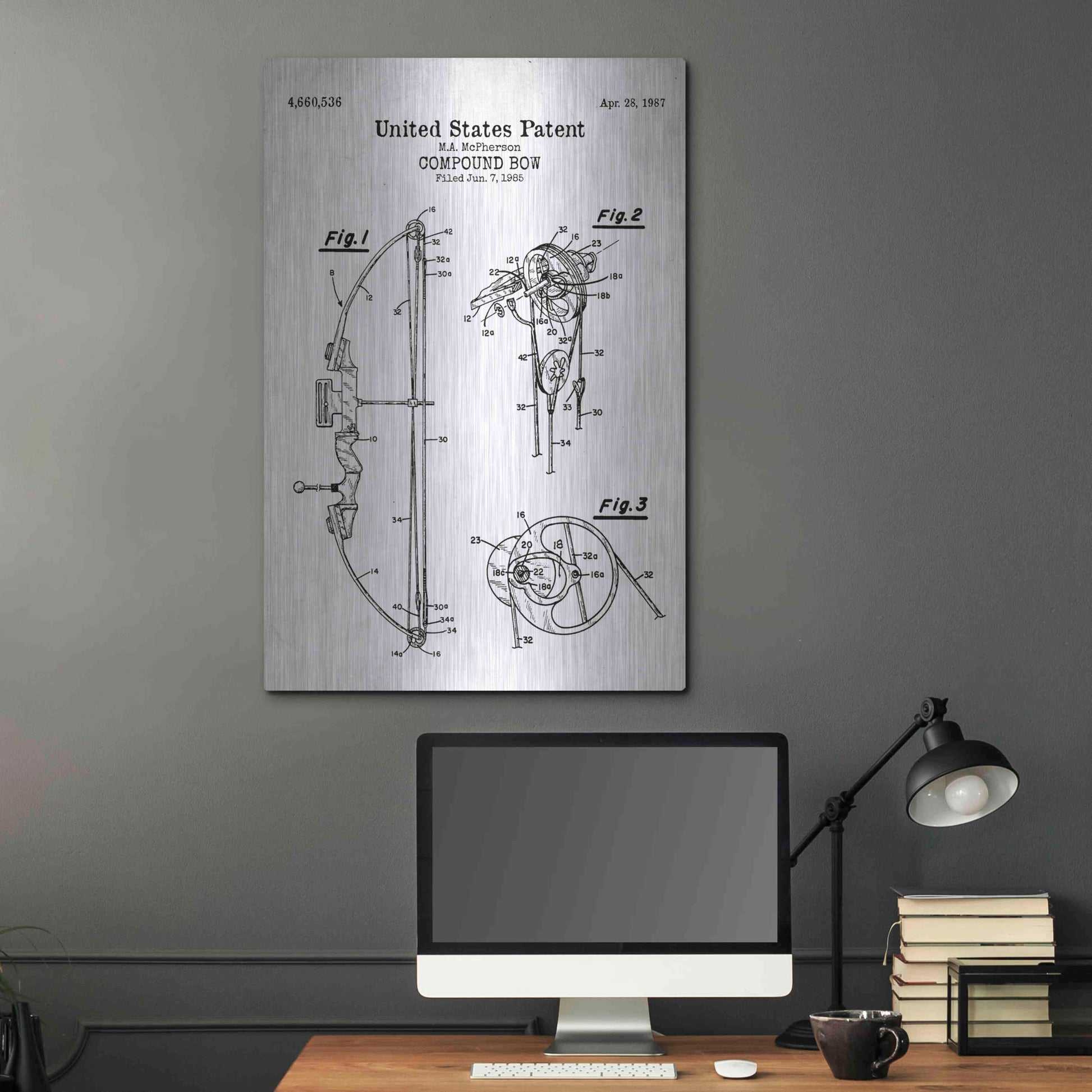 Luxe Metal Art 'Compound Bow Blueprint Patent White' Acrylic Glass Wall Art,24x36